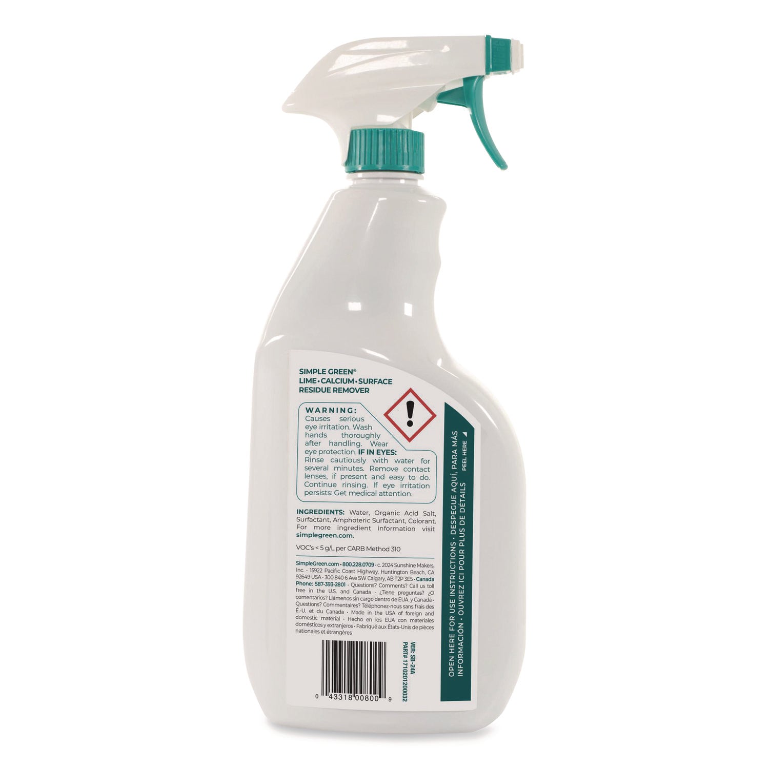Simple Green Lime-Calcium-Surface Residue Remover, 32 fl oz (1 quart), Pleasant Wintergreen Scent, Bleach-Free, Ammonia-Free, Phosphorous-Free, Non-Abrasive, Turquoise Spray, 1 Each