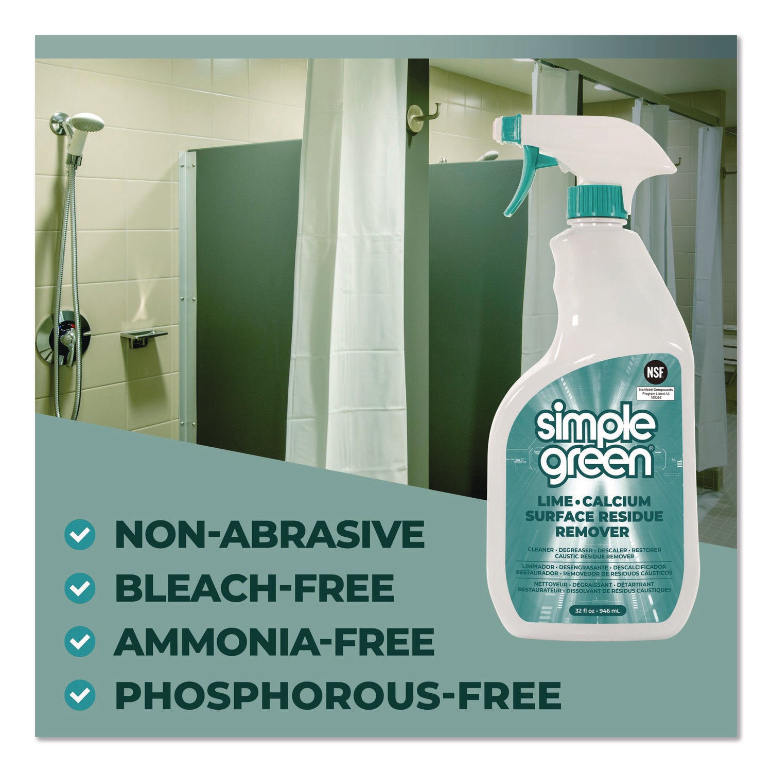 Simple Green Lime-Calcium-Surface Residue Remover, 32 fl oz (1 quart), Pleasant Wintergreen Scent, Bleach-Free, Ammonia-Free, Phosphorous-Free, Non-Abrasive, Turquoise Spray, 1 Each