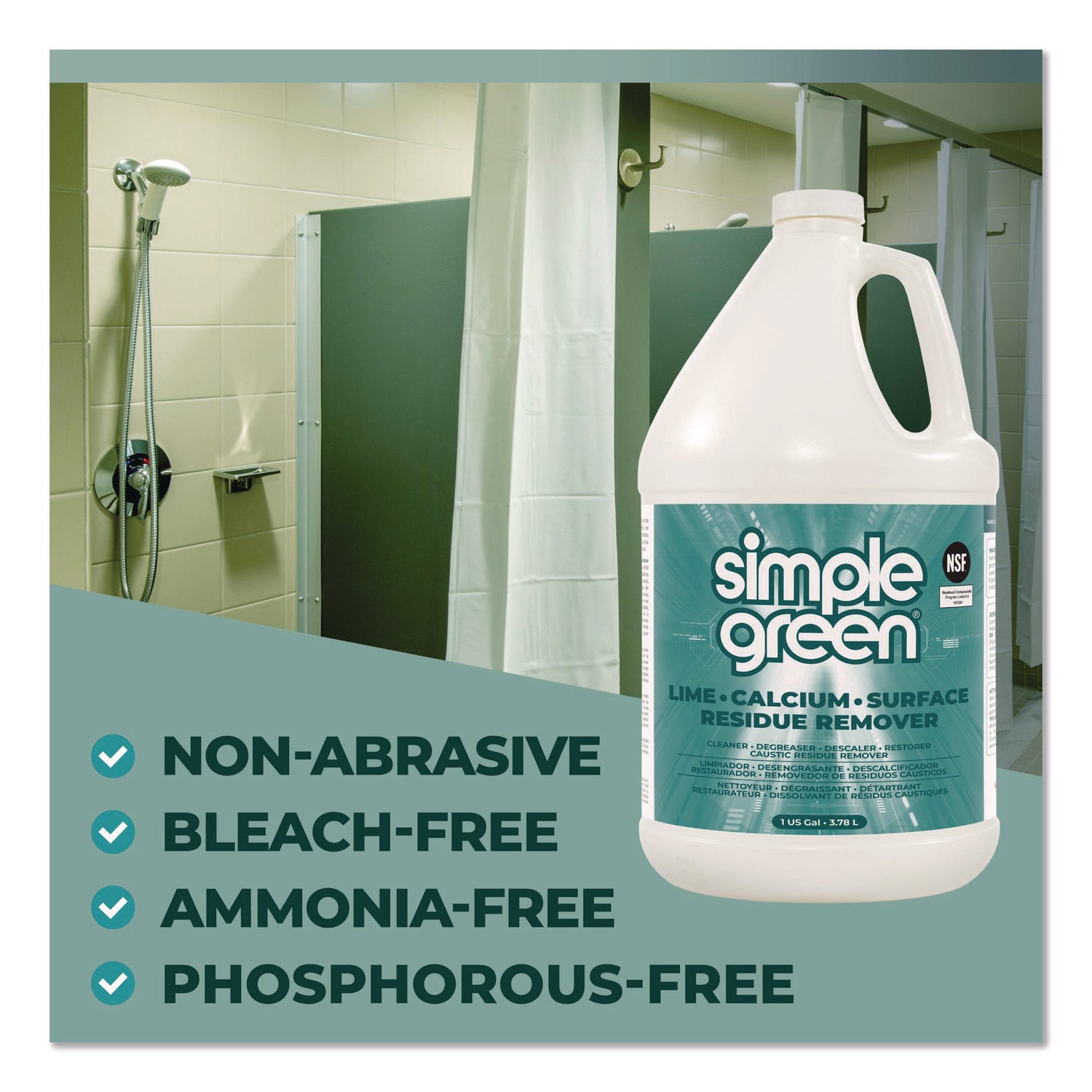 Simple Green Lime-Calcium-Surface Residue Remover, 128 fl oz (4 quart), Pleasant Wintergreen Scent, Bleach-Free, Ammonia-Free, Phosphorous-Free, Non-Abrasive, Turquoise, 1 Each