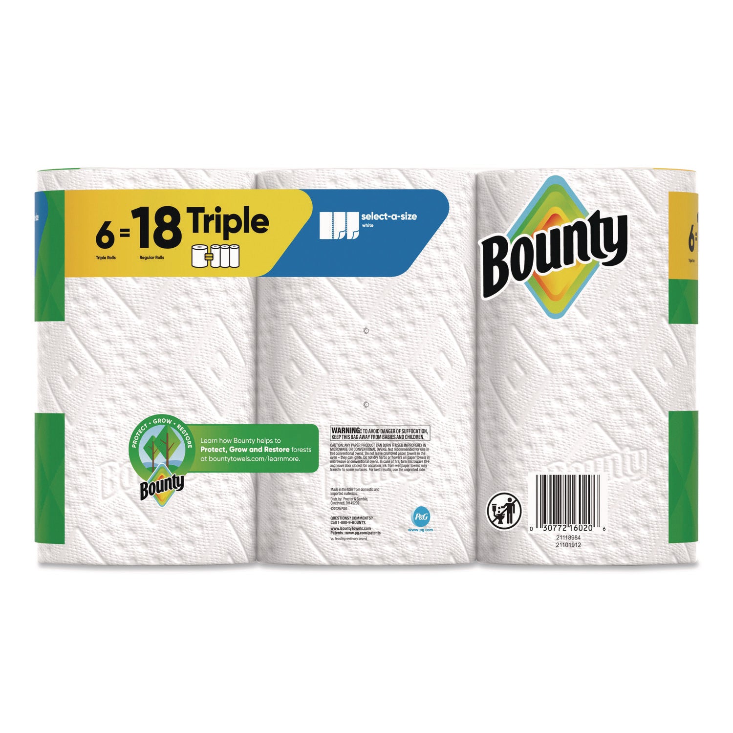 Bounty Select-A-Size Paper Towels, 2 Ply, 123 Sheets per Roll, Diamond Texture, White, 6 Rolls per Carton