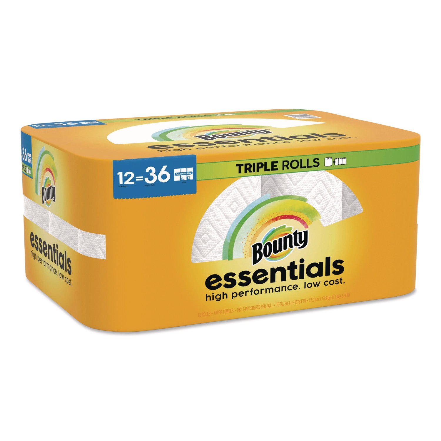 Bounty Essentials Paper Towels, Yellow, 162 Sheets per Roll, 12 Rolls per Carton