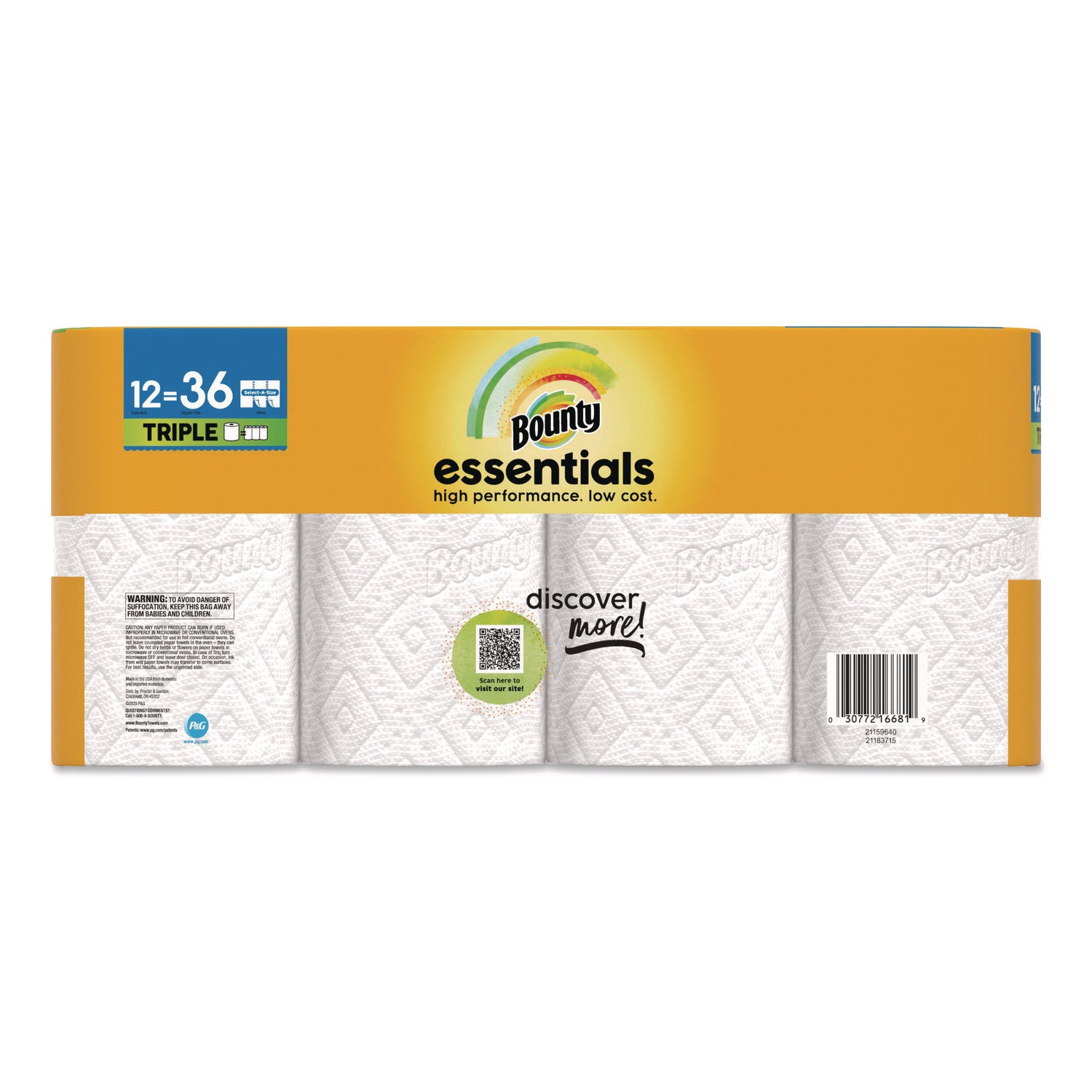 Bounty Essentials Paper Towels, Yellow, 162 Sheets per Roll, 12 Rolls per Carton