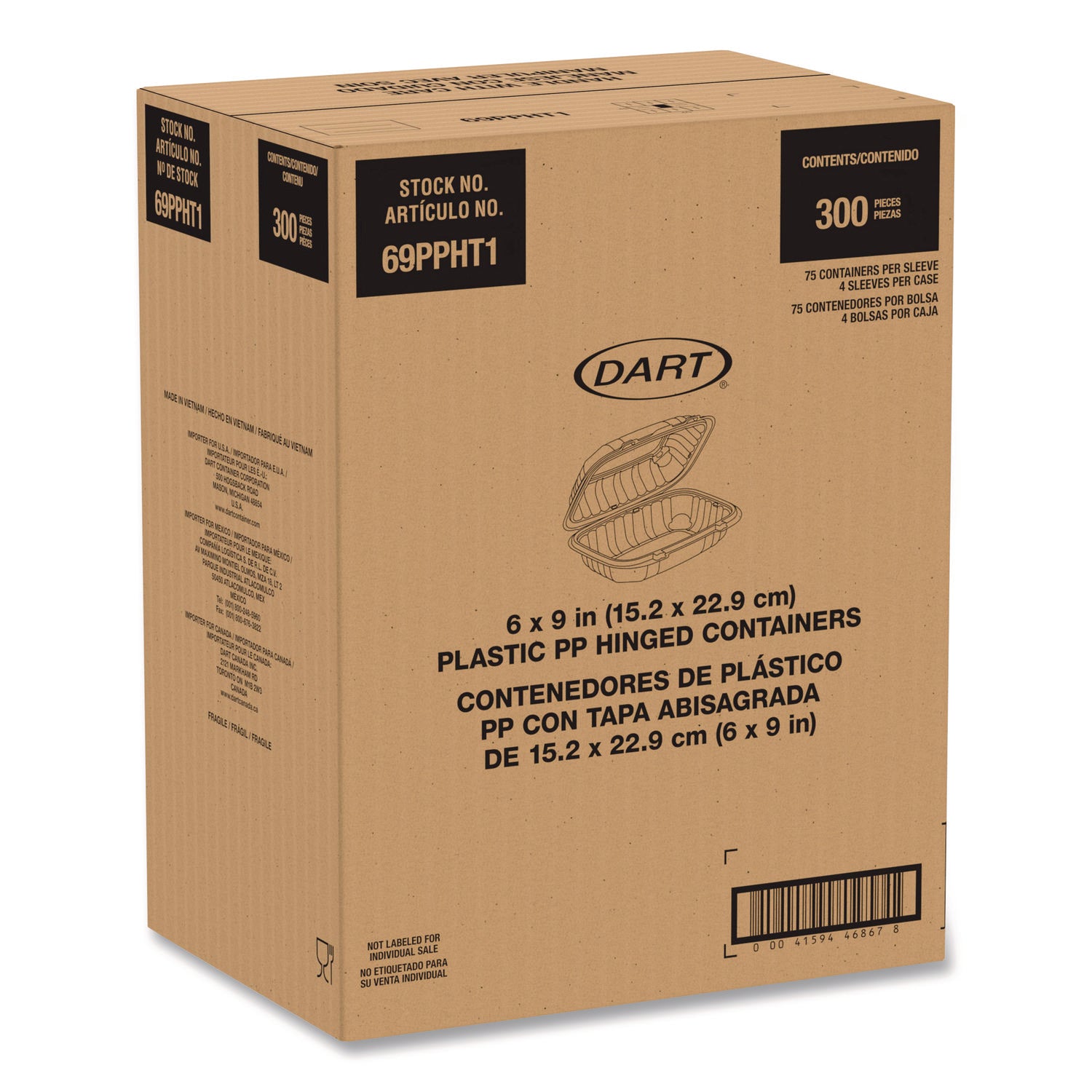 Microwaveable Hinged Containers, 6.5 x 9 x 3, Clear, Plastic, 300/Carton