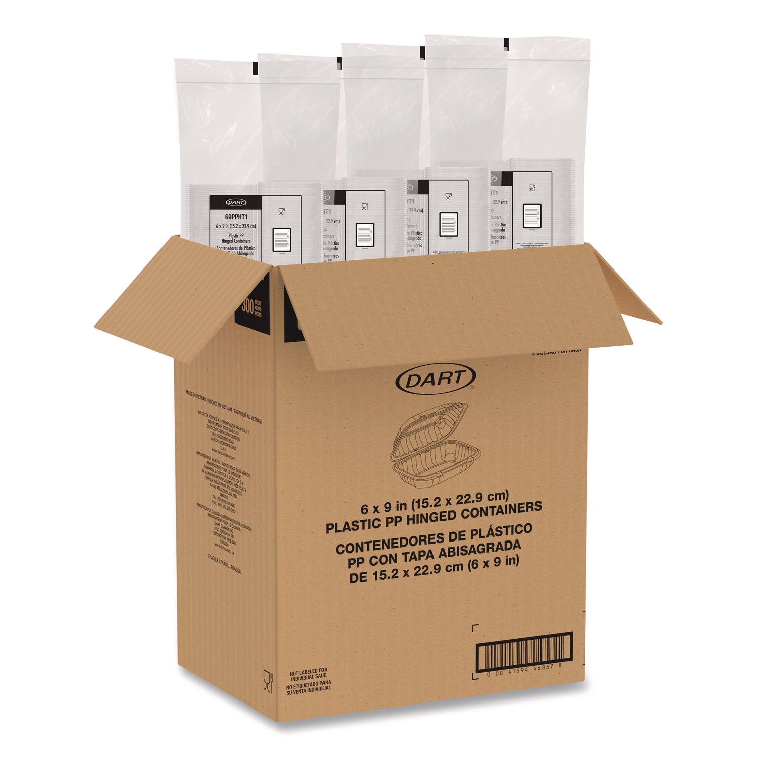 Microwaveable Hinged Containers, 6.5 x 9 x 3, Clear, Plastic, 300/Carton