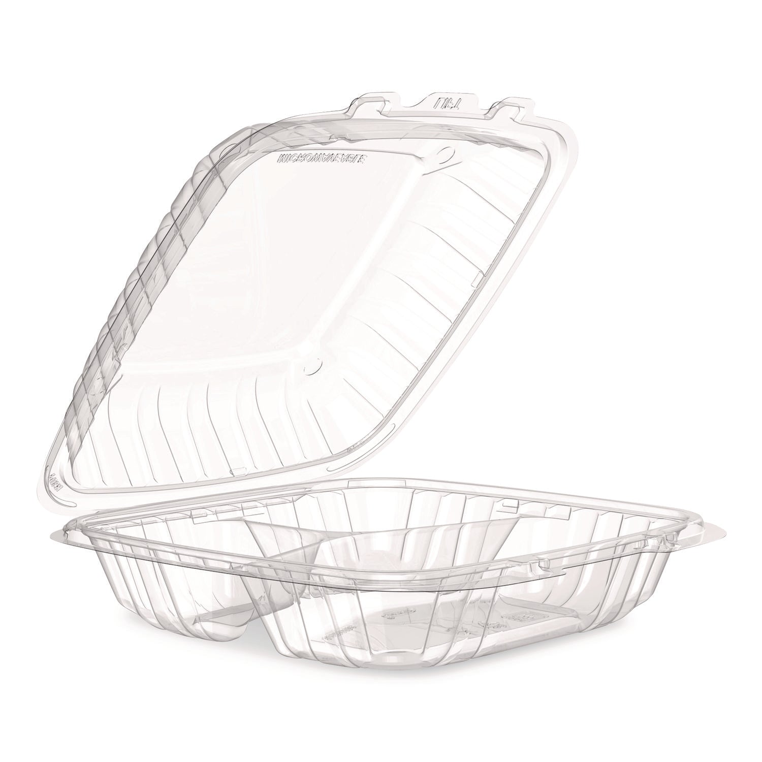 Microwaveable Hinged Containers, 3 Compartments, 9 x 8.75 x 3, Clear, Plastic,150/Carton