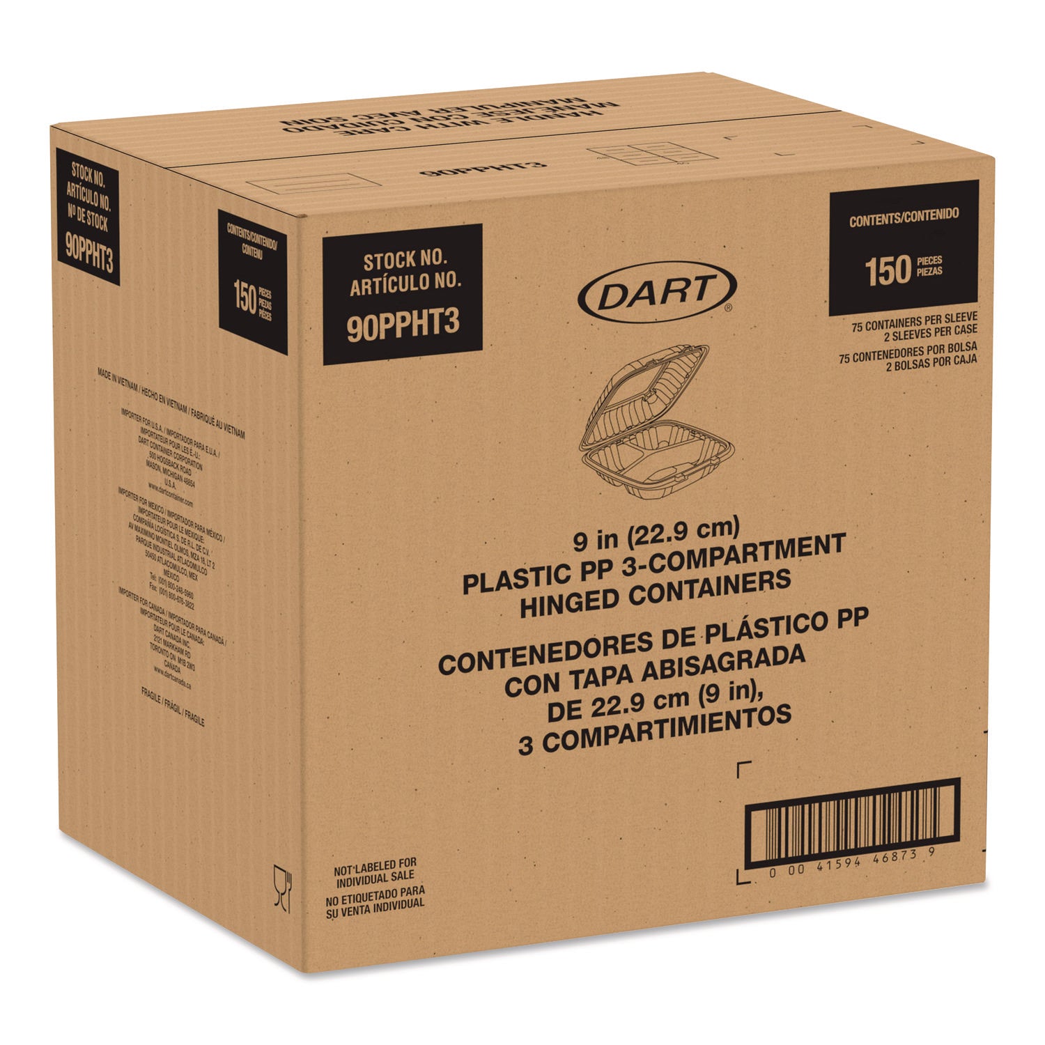 Microwaveable Hinged Containers, 3 Compartments, 9 x 8.75 x 3, Clear, Plastic,150/Carton