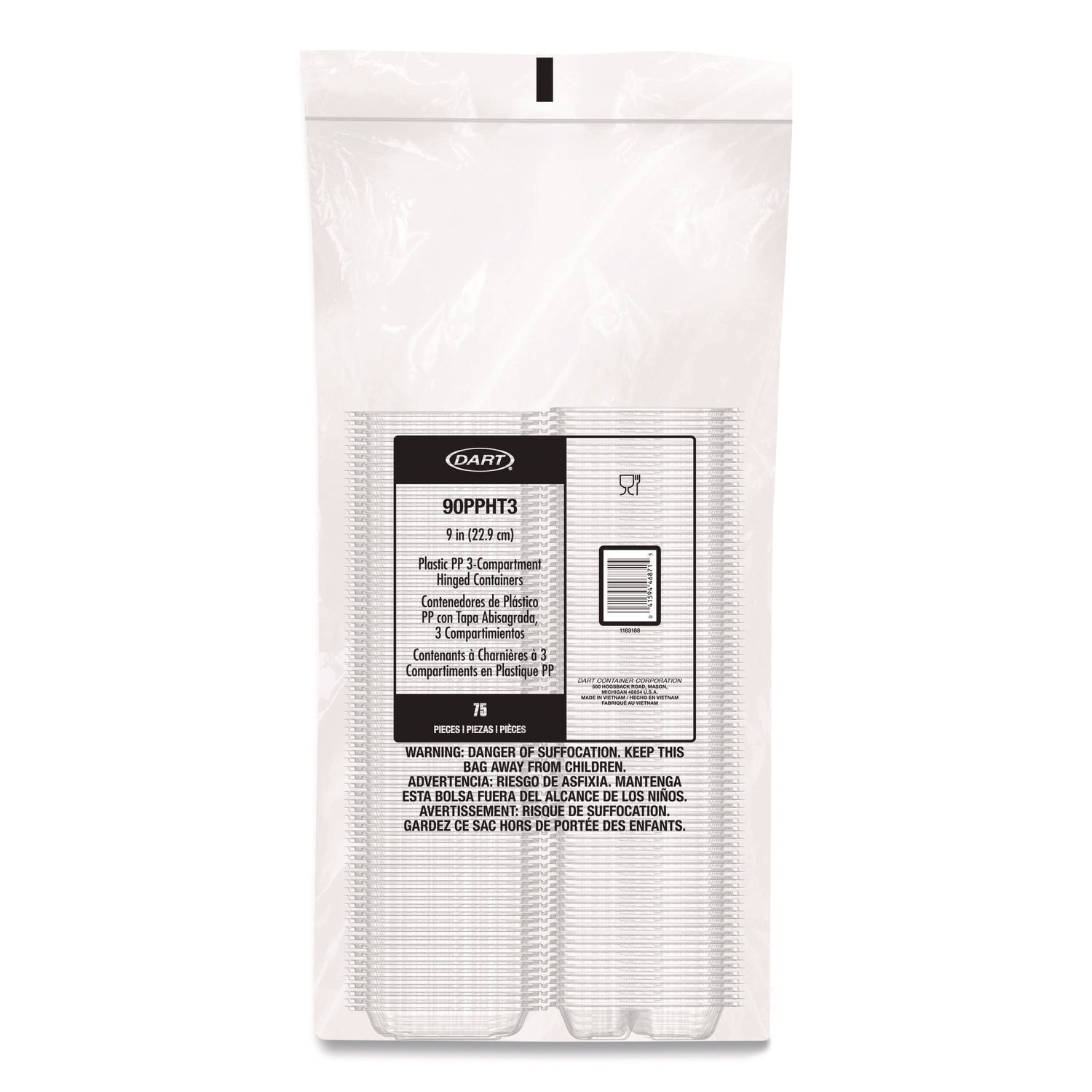 Microwaveable Hinged Containers, 3 Compartments, 9 x 8.75 x 3, Clear, Plastic,150/Carton