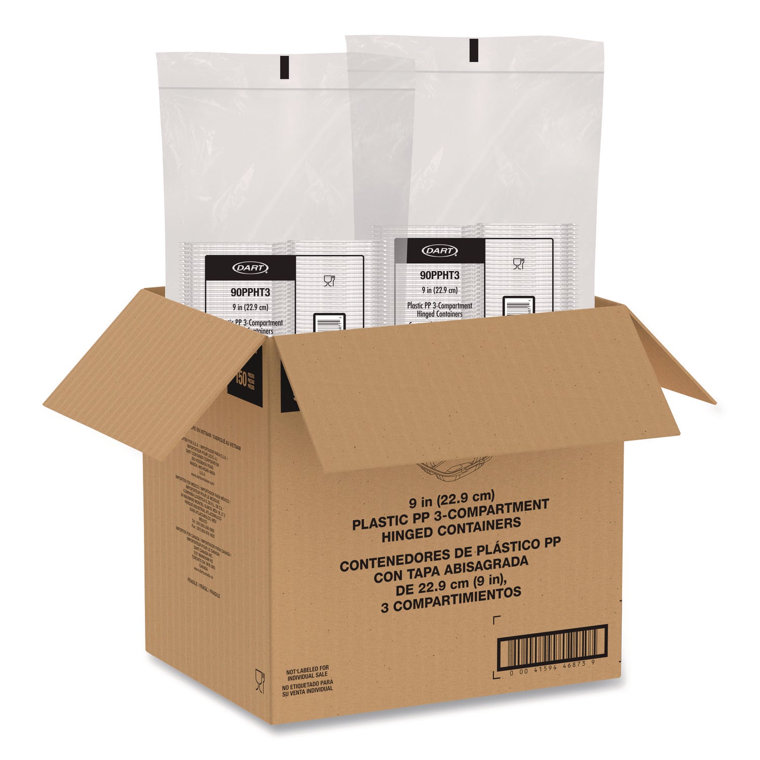 Microwaveable Hinged Containers, 3 Compartments, 9 x 8.75 x 3, Clear, Plastic,150/Carton