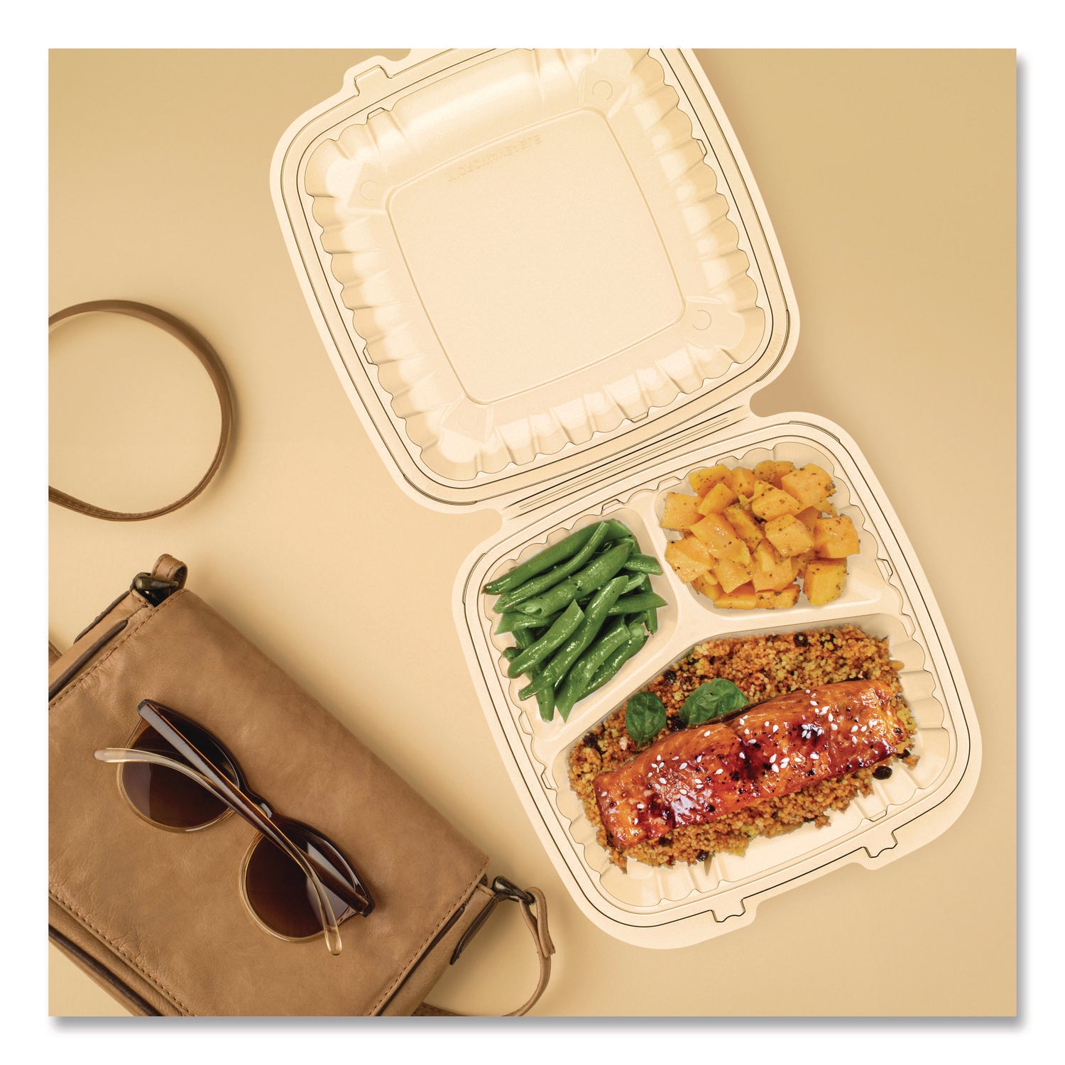 Microwaveable Hinged Containers, 3 Compartments, 9 x 8.75 x 3, Clear, Plastic,150/Carton