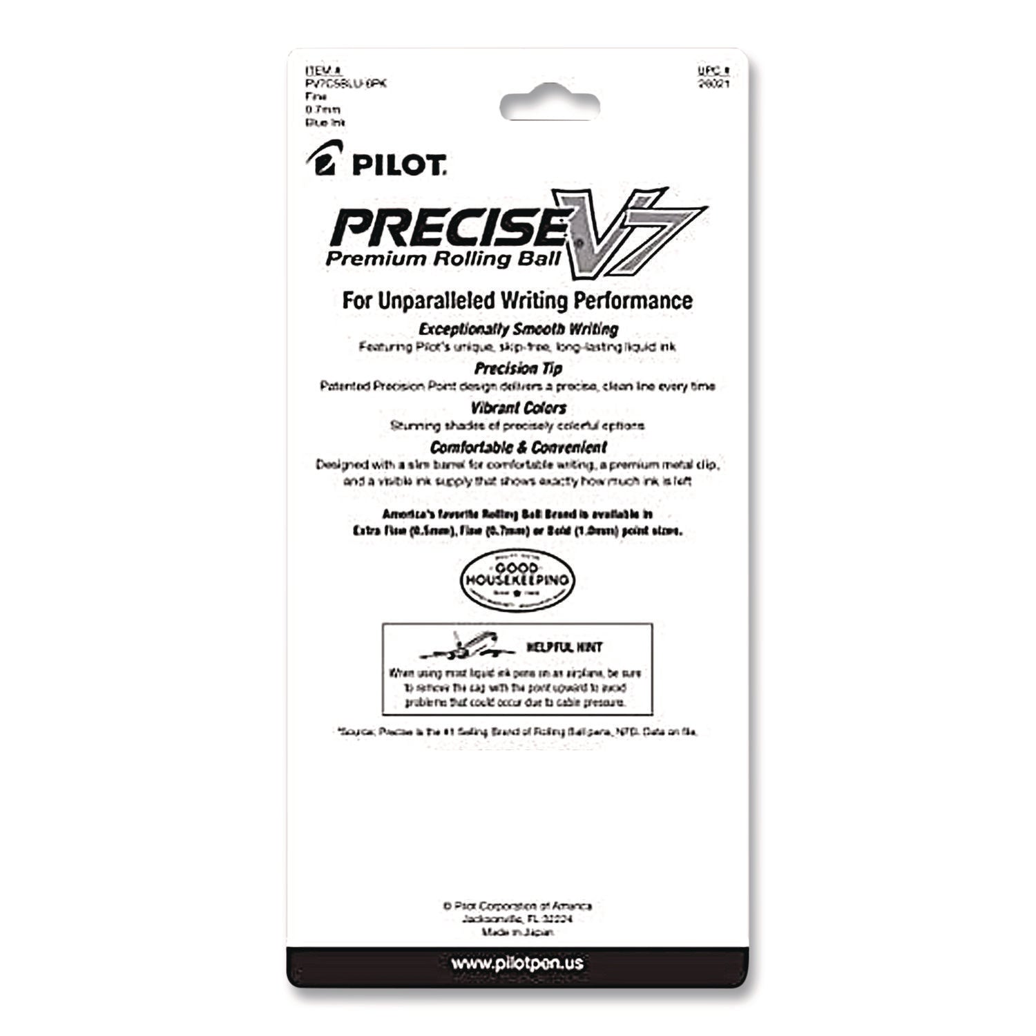 Precise V7 Rollerball Pen, Stick, Fine 0.7 mm, Blue Ink, Blue/Clear Barrel, 5/Pack