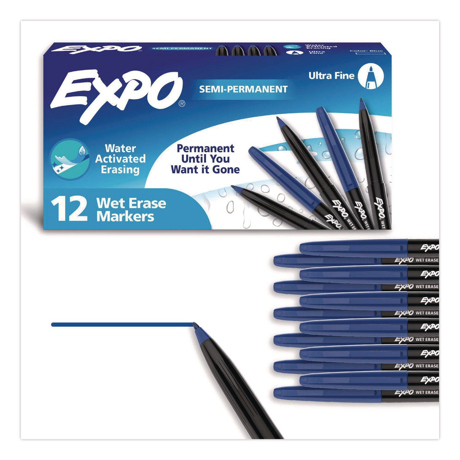 Vis-a-Vis Wet Erase Markers, Ultra Fine Point, Blue, 12 Count
