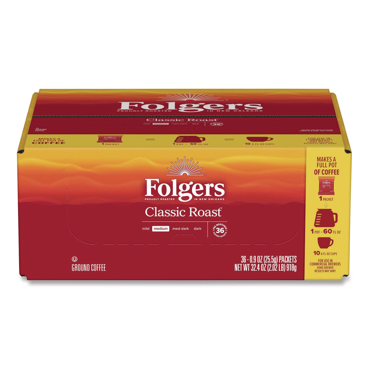 Folgers&reg; Fraction Pack Classic Roast Coffee - Regular - Medium - 0.9 oz - Fraction Pack - 36 / Carton