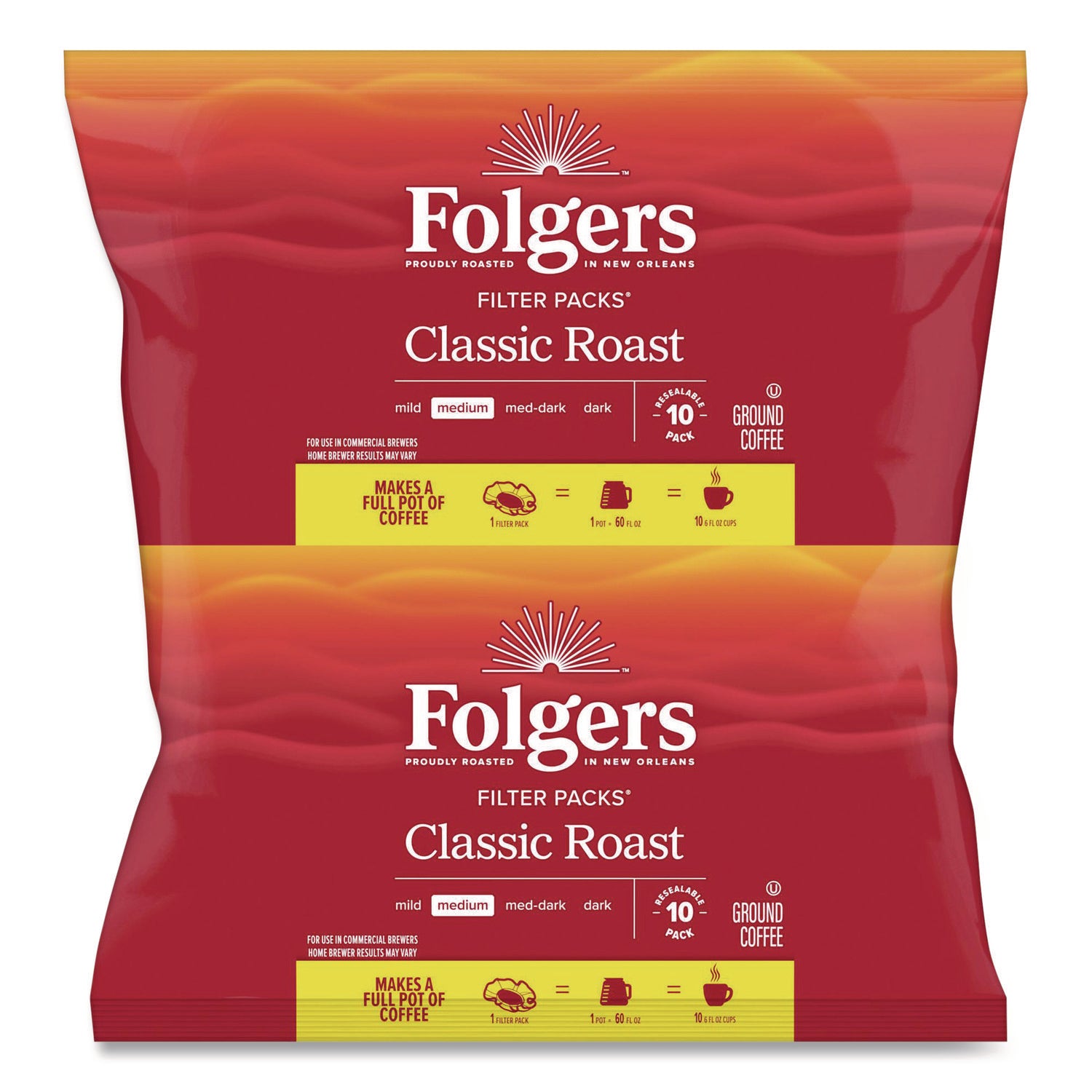 Folgers&reg; Filter Pack Classic Roast Coffee - Regular - 0.9 oz Per Pouch - Filter Pack - 10/Pack - 4 / Carton