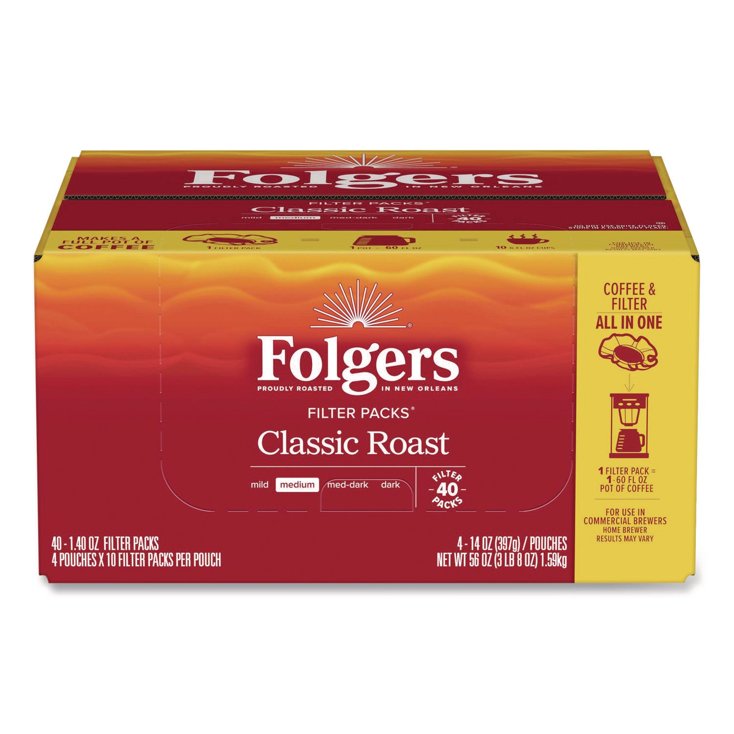 Folgers Classic Roast Coffee Filter Packs, Regular, 1.4 oz, 40 Packs per Carton