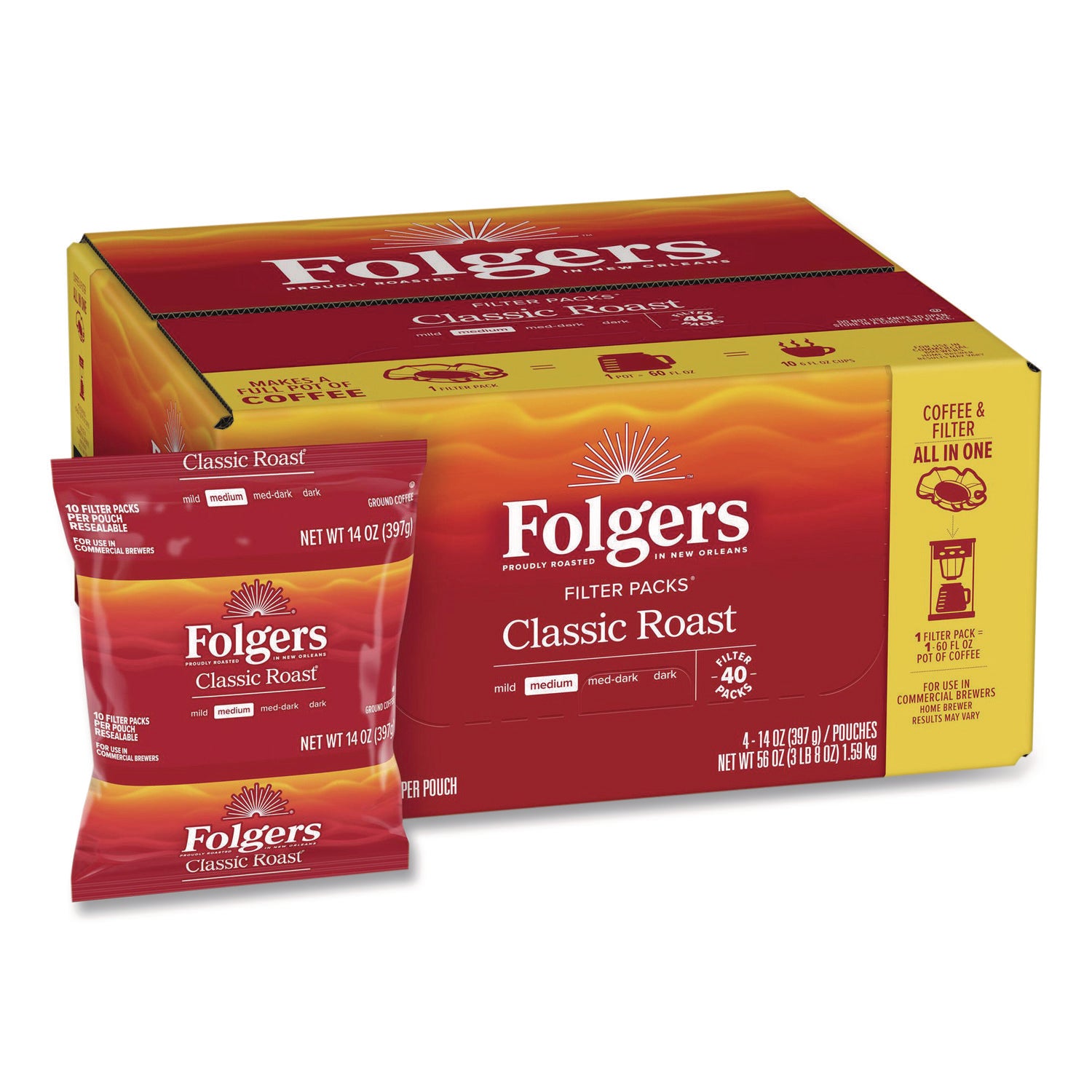 Folgers Classic Roast Coffee Filter Packs, Regular, 1.4 oz, 40 Packs per Carton