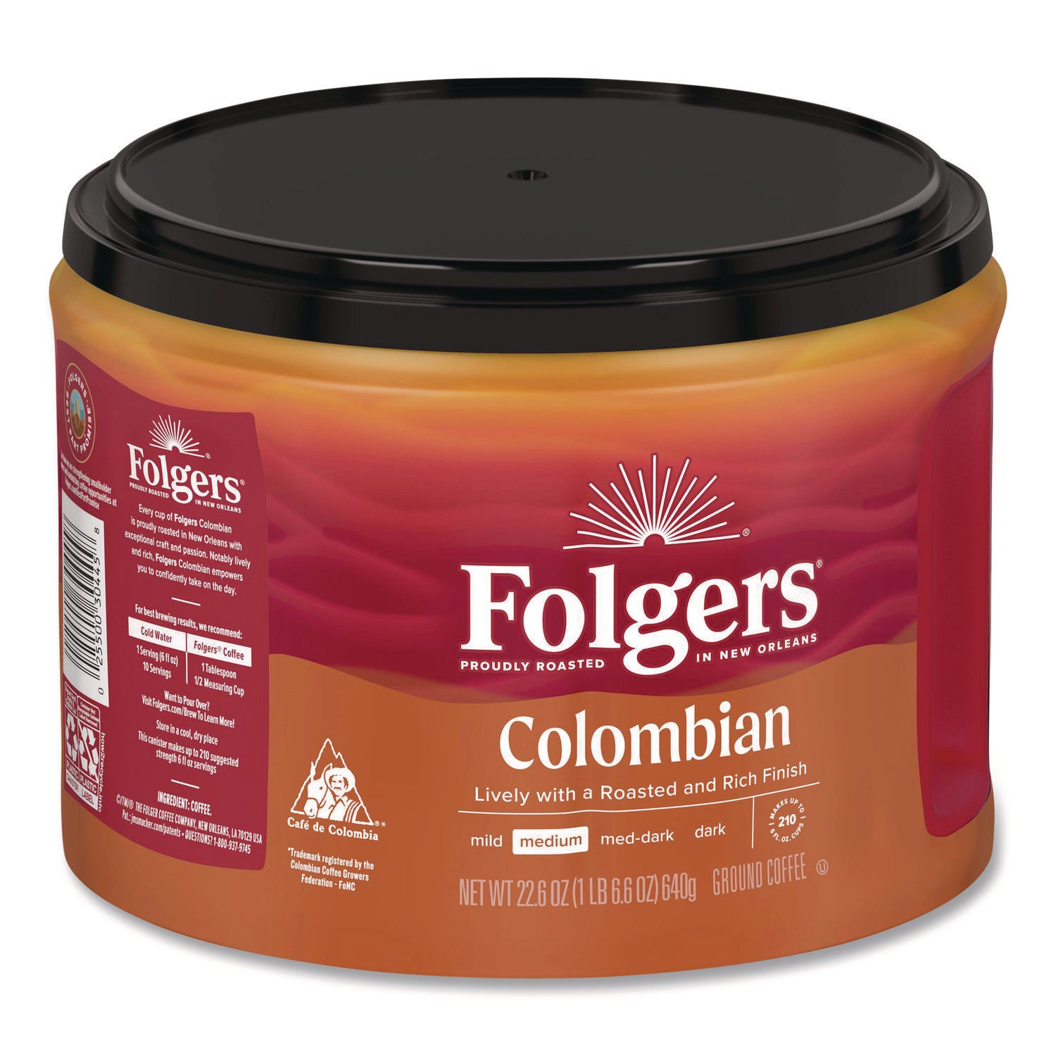 Folgers 100% Colombian Ground Coffee, Medium Roast, 22.6 oz Canister, Arabica Blend, 1 Each