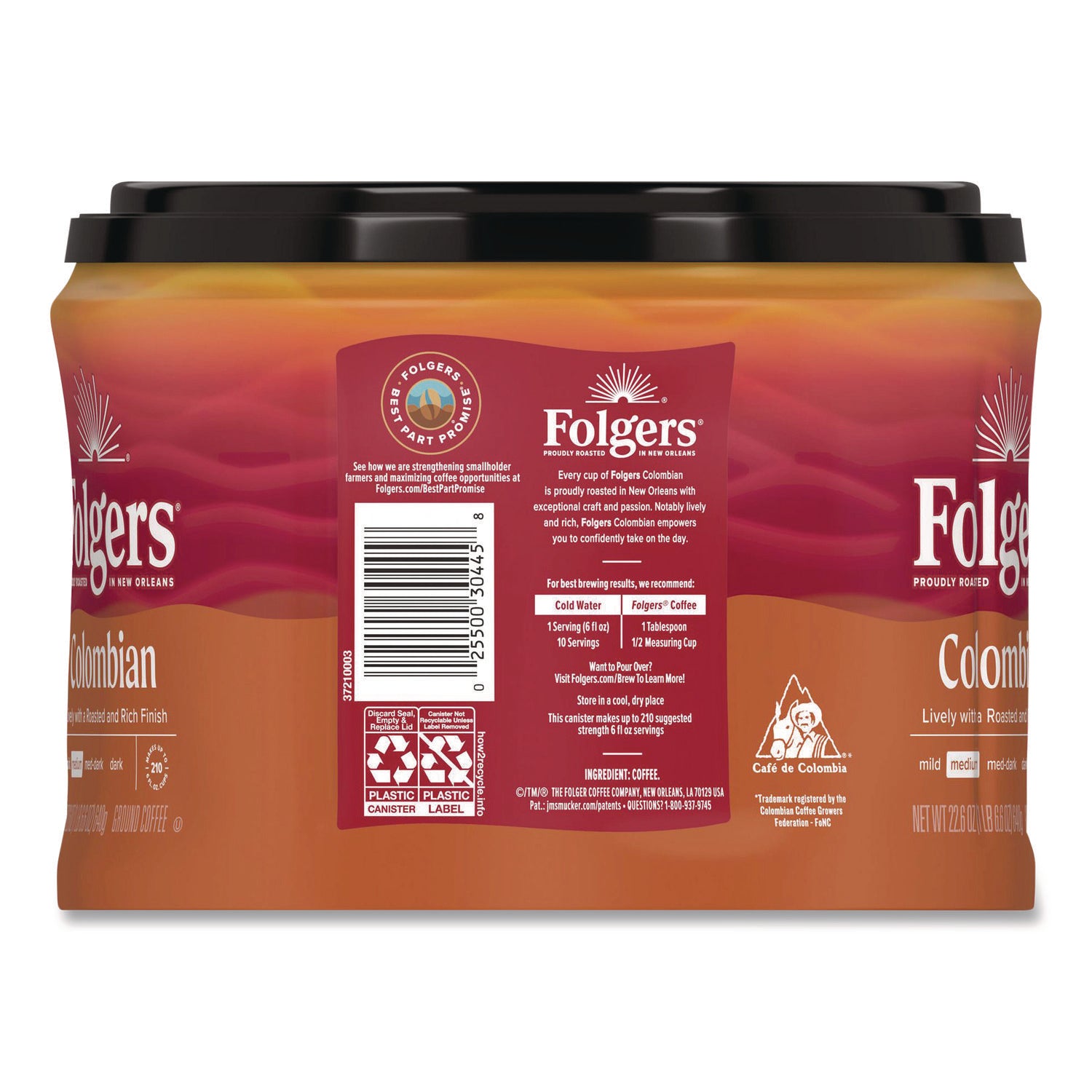Folgers 100% Colombian Ground Coffee, Medium Roast, 22.6 oz Canister, Arabica Blend, 1 Each