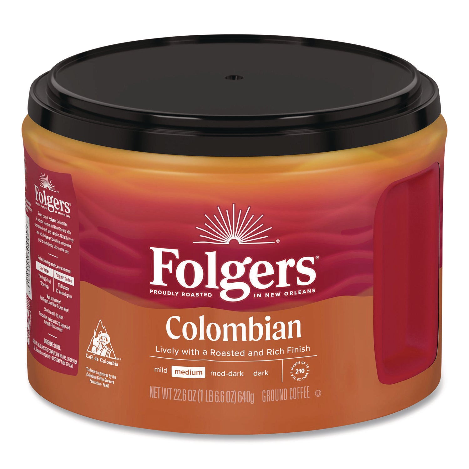 Folgers 100% Colombian Ground Coffee, Medium Roast, 22.6 oz Canister, Arabica Blend, 1 Each