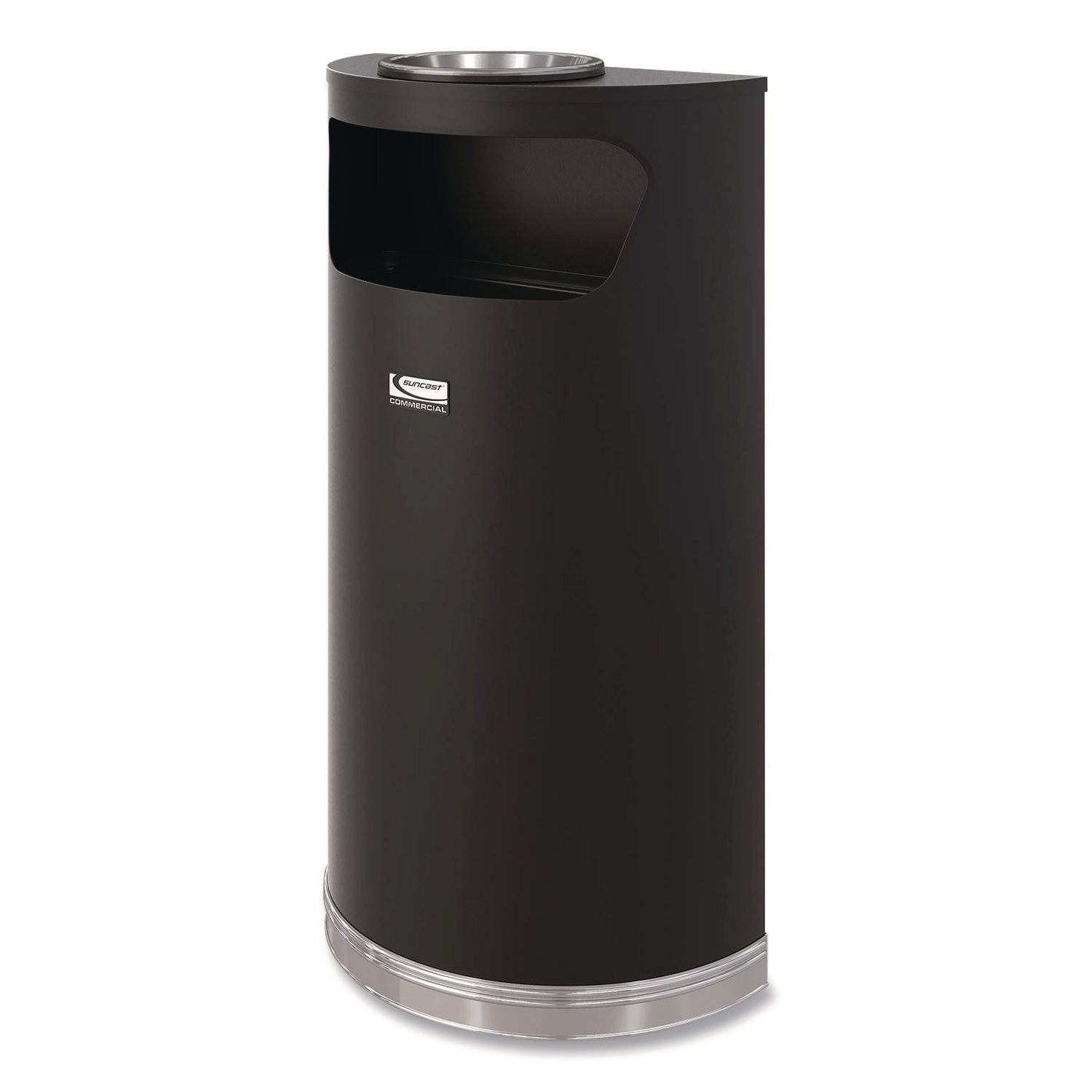 Half Round Metal Trash Can with Ashtray, 9 gal, Steel, Black