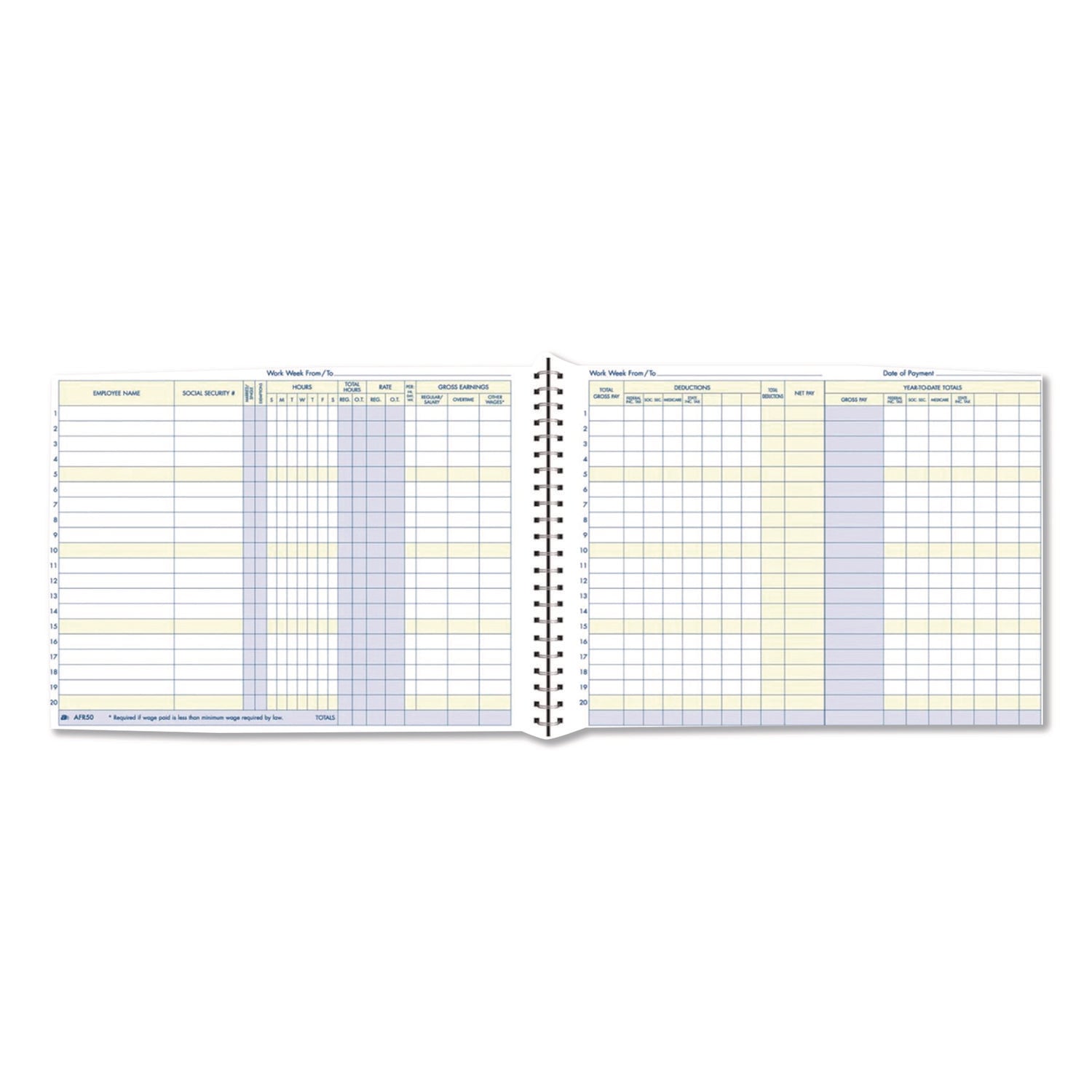 Weekly Payroll Record Book for 20 Employees, Two-Page Spread: 36 Columns, Royal Blue Cover, 8.5 x 11 Sheets, 56 Sheets/Book