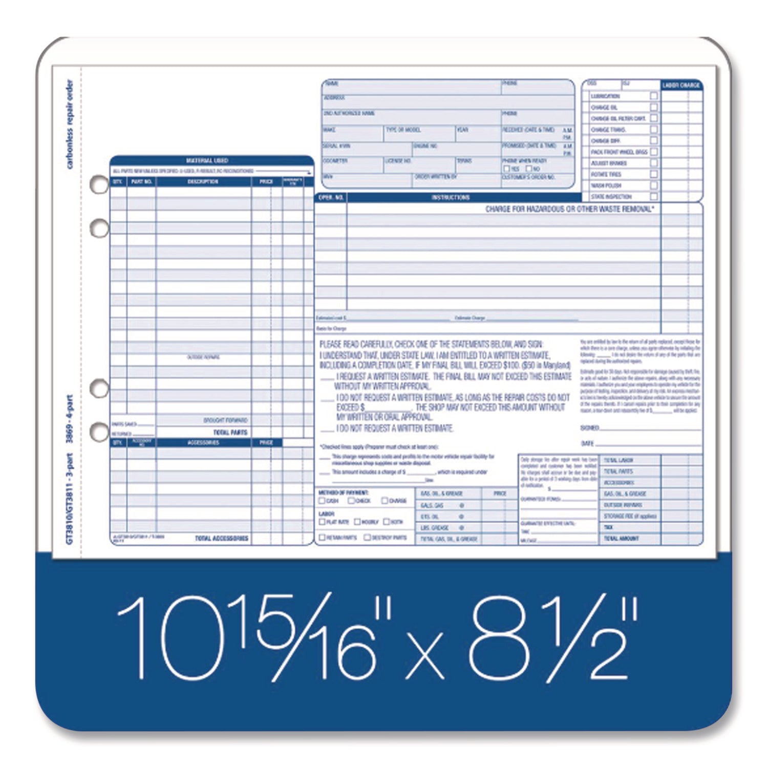 Multipart Auto Repair Work Order Forms, Three-Part Carbonless, 8.5 x 6.94, 50 Forms Total