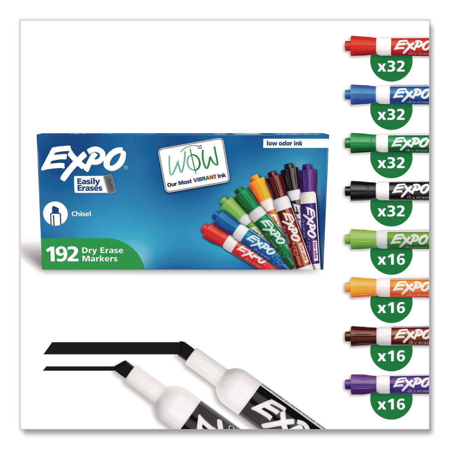 Expo Low-Odor Dry Erase Markers, Chisel Tip, Assorted Colors, 192 Pack