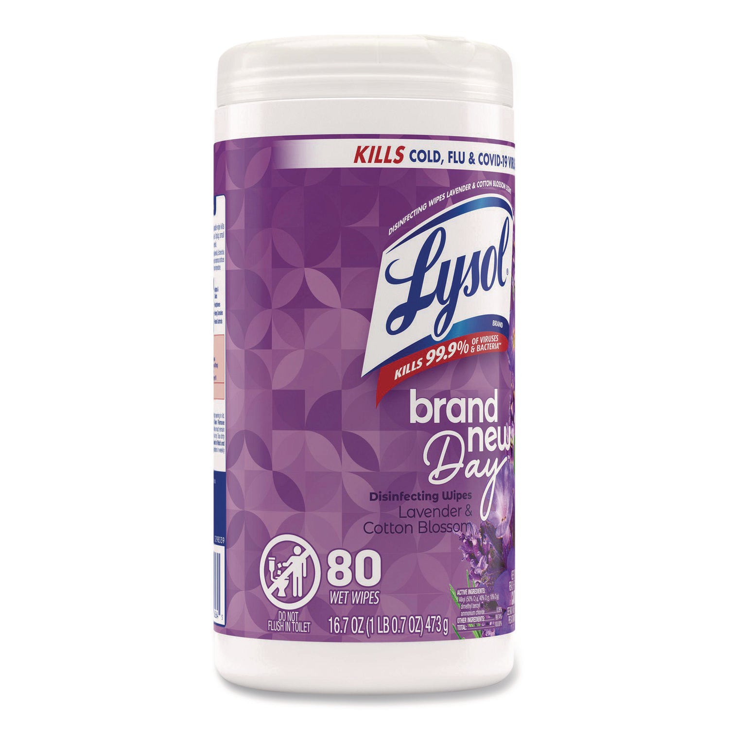 Disinfecting Wipes, 1-Ply, 7 x 7.25, Lavender and Cotton Blossom, White, 80 Wipes/Canister, 6 Canisters/Carton