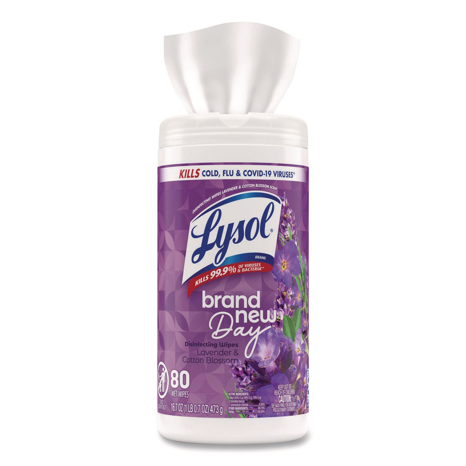 Disinfecting Wipes, 1-Ply, 7 x 7.25, Lavender and Cotton Blossom, White, 80 Wipes/Canister