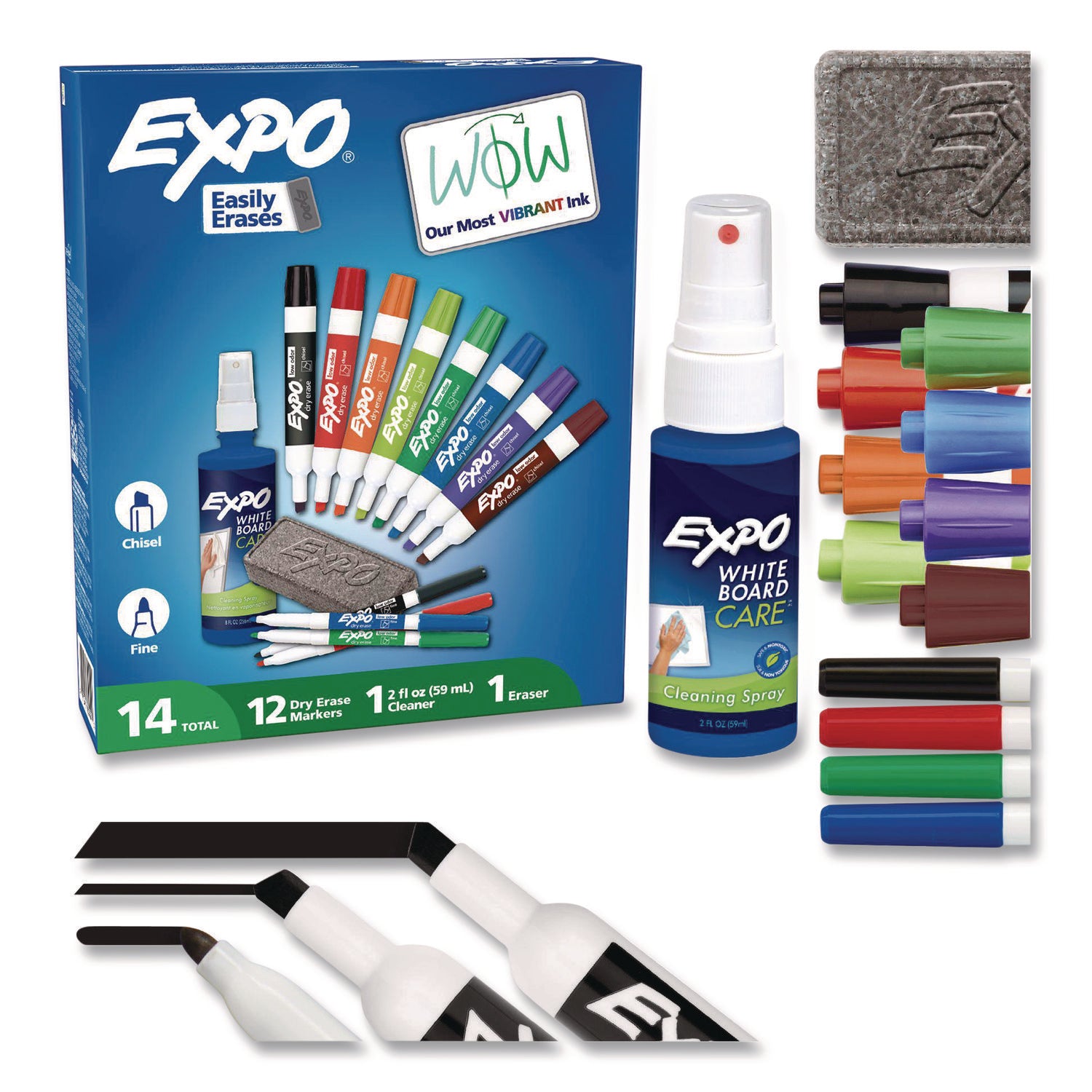 Expo Dry-Erase Marker Kit, 1 Set – Includes 12 Assorted Chisel and Fine Tip Markers, 1 EXPO Eraser, and 1 Cleaner Spray