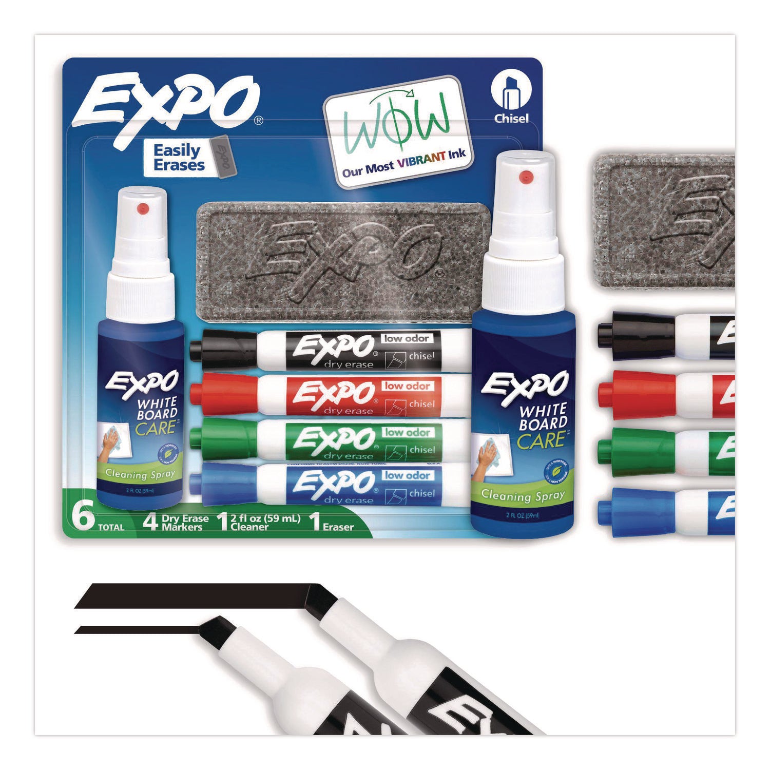 Expo Dry-Erase Marker Kit, Assorted Colors, 4 Chisel Tip Markers, 1 Eraser, 1 Cleaner Spray, 4/Set