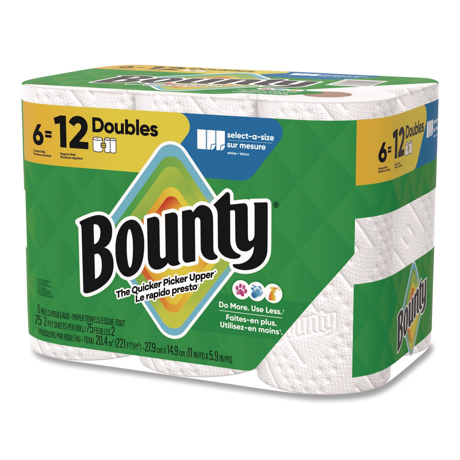 Bounty Select-A-Size Paper Towels, 2 Ply, Diamond Texture, Green, 75 Sheets per Roll, 6 Rolls per Carton