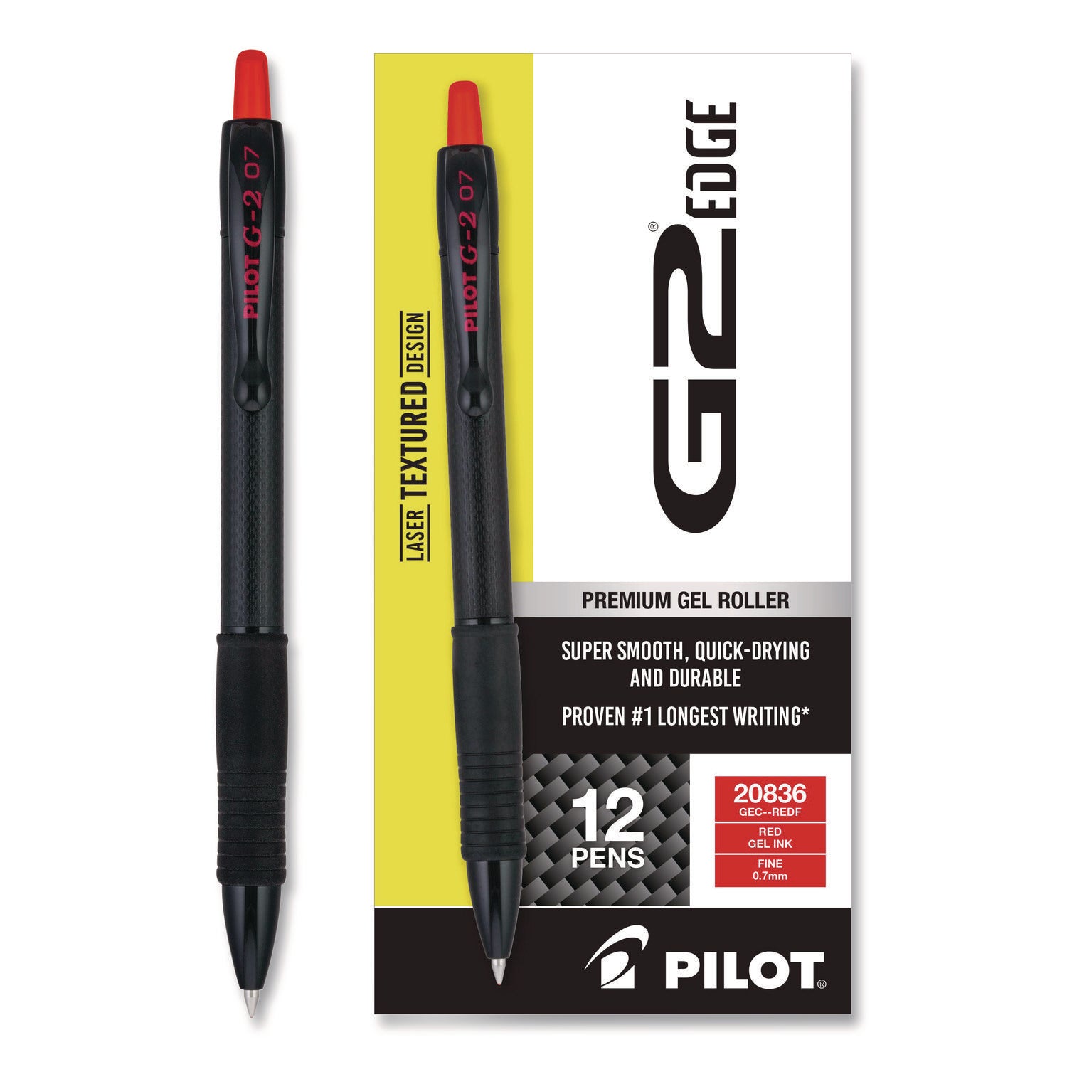 G2 Edge Gel Pen, 0.7 mm Fine, Red Ink, Refillable, Retractable, Black/Red Barrel, Tungsten Carbide Tip, 1 Dozen