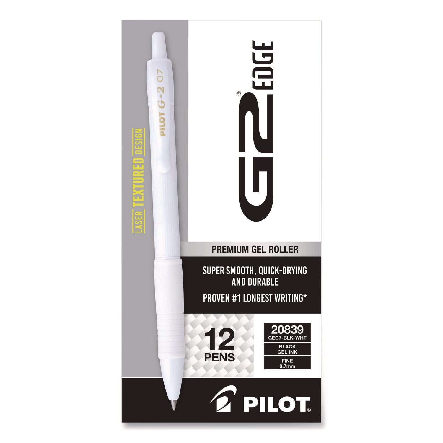 G2 Edge Gel Pen, 0.7 mm Fine Point, Black Ink, Refillable, Retractable, White Barrel, Tungsten Carbide Tip, 1 Dozen