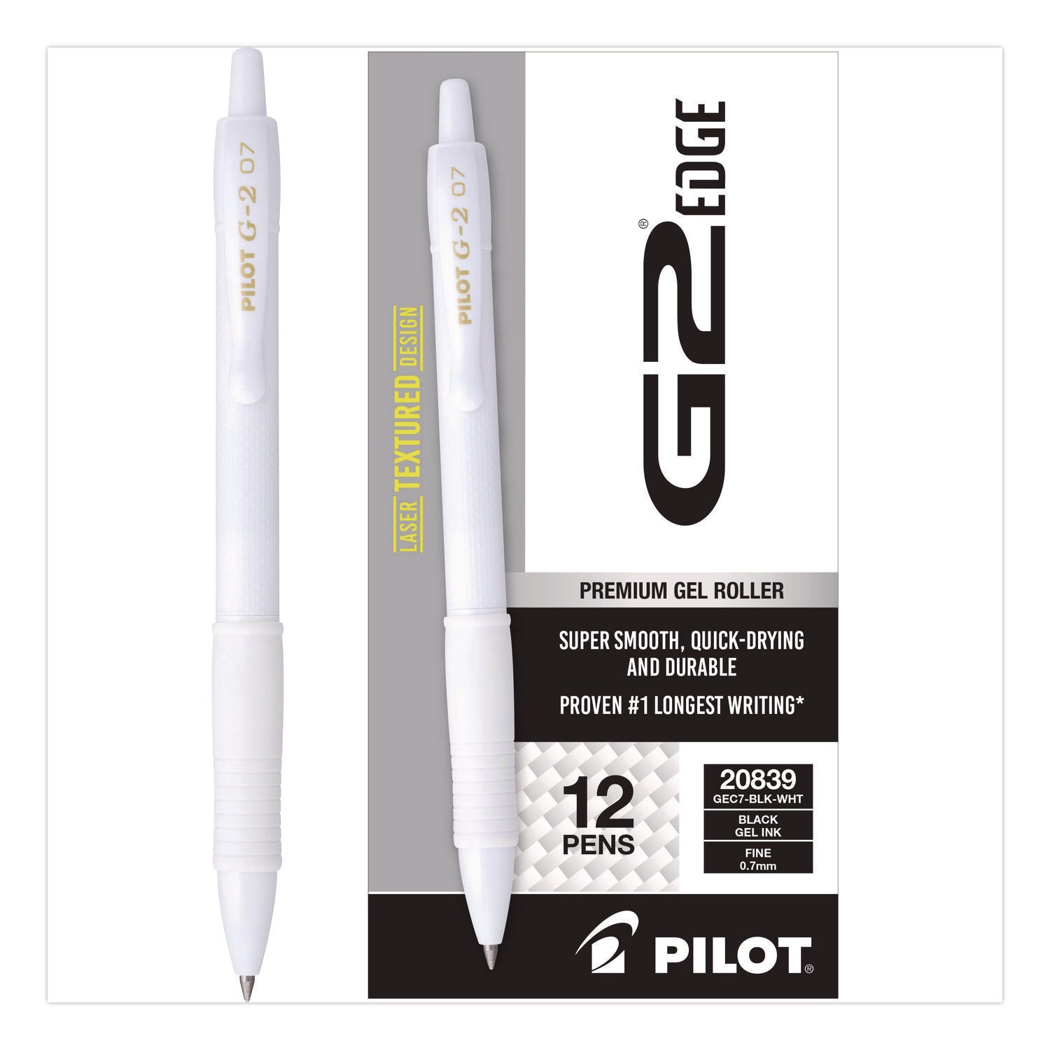 G2 Edge Gel Pen, 0.7 mm Fine Point, Black Ink, Refillable, Retractable, White Barrel, Tungsten Carbide Tip, 1 Dozen
