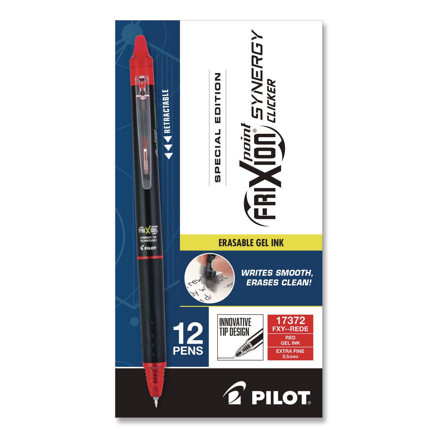 FriXion Synergy Clicker Erasable Gel Pen, Extra Fine Point, Retractable, Red Ink, Gel-based, 1 Dozen
