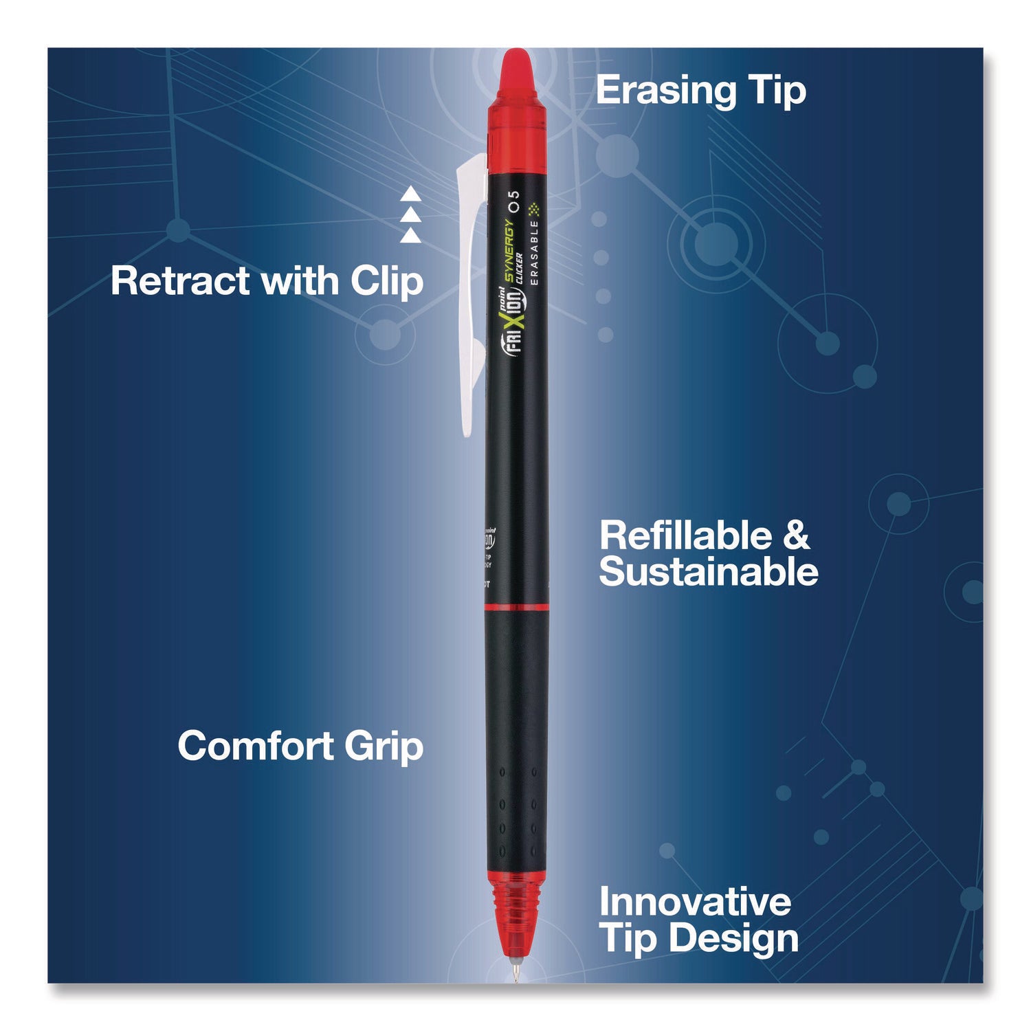 FriXion Synergy Clicker Erasable Gel Pen, Extra Fine Point, Retractable, Red Ink, Gel-based, 1 Dozen