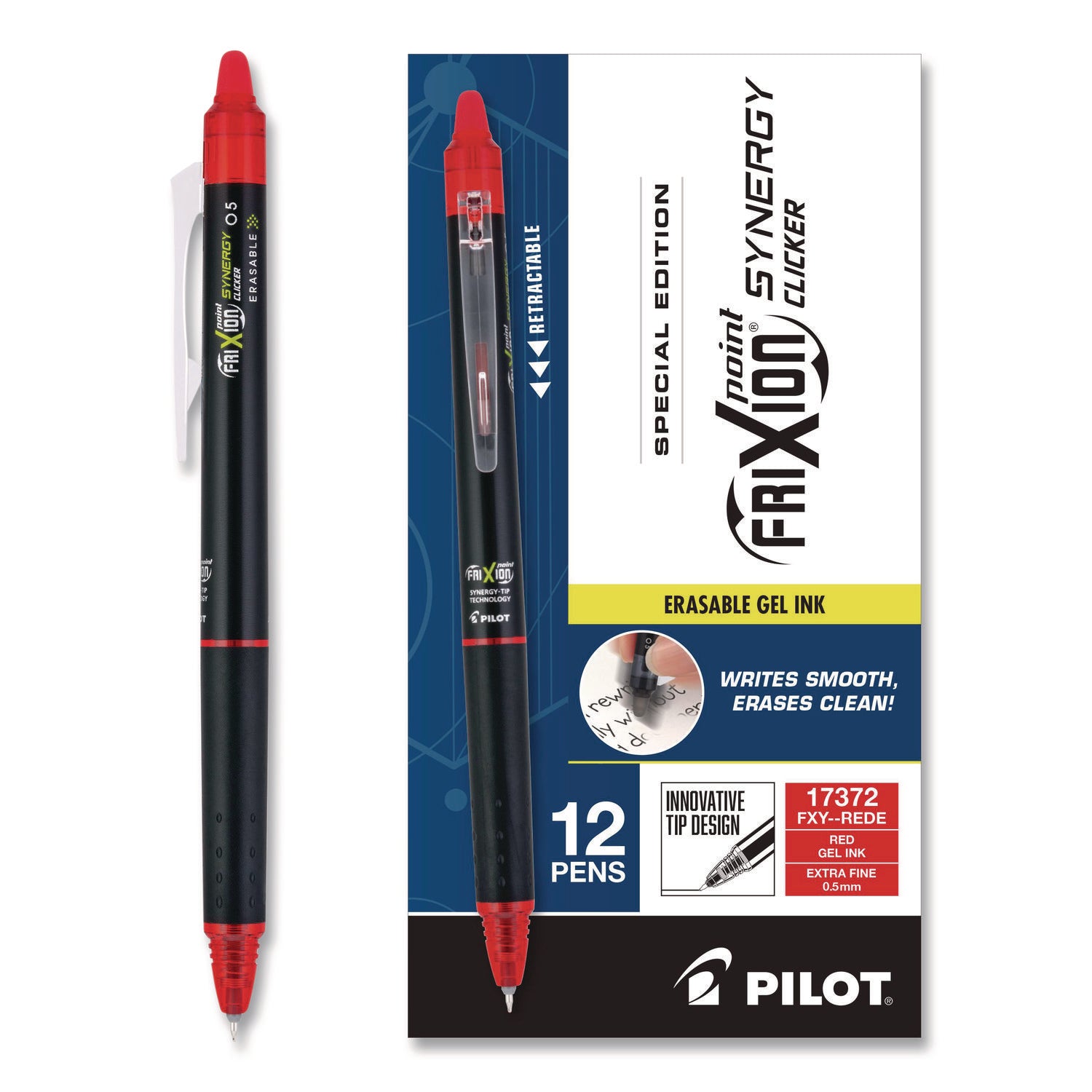 FriXion Synergy Clicker Erasable Gel Pen, Extra Fine Point, Retractable, Red Ink, Gel-based, 1 Dozen