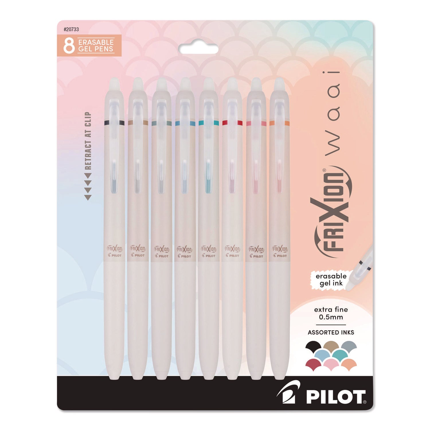 Pilot FriXion Waai Pen Collection - 0.5 mm Extra Fine Pen Point - Retractable - Erasable - Periwinkle, Black, Bronze, Gray, Turquoise, Cherry, Pale Orange, Light Pink Ink - Gel-based - Writing - 8 / Pack