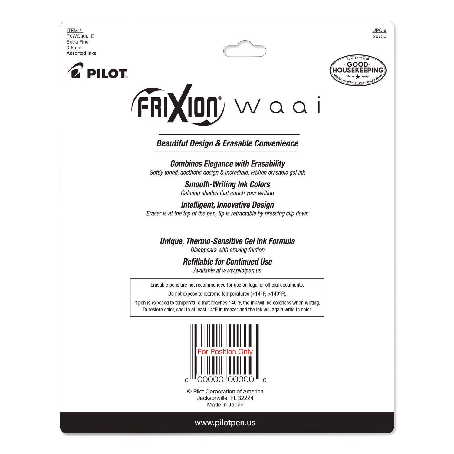 Pilot FriXion Waai Pen Collection - 0.5 mm Extra Fine Pen Point - Retractable - Erasable - Periwinkle, Black, Bronze, Gray, Turquoise, Cherry, Pale Orange, Light Pink Ink - Gel-based - Writing - 8 / Pack
