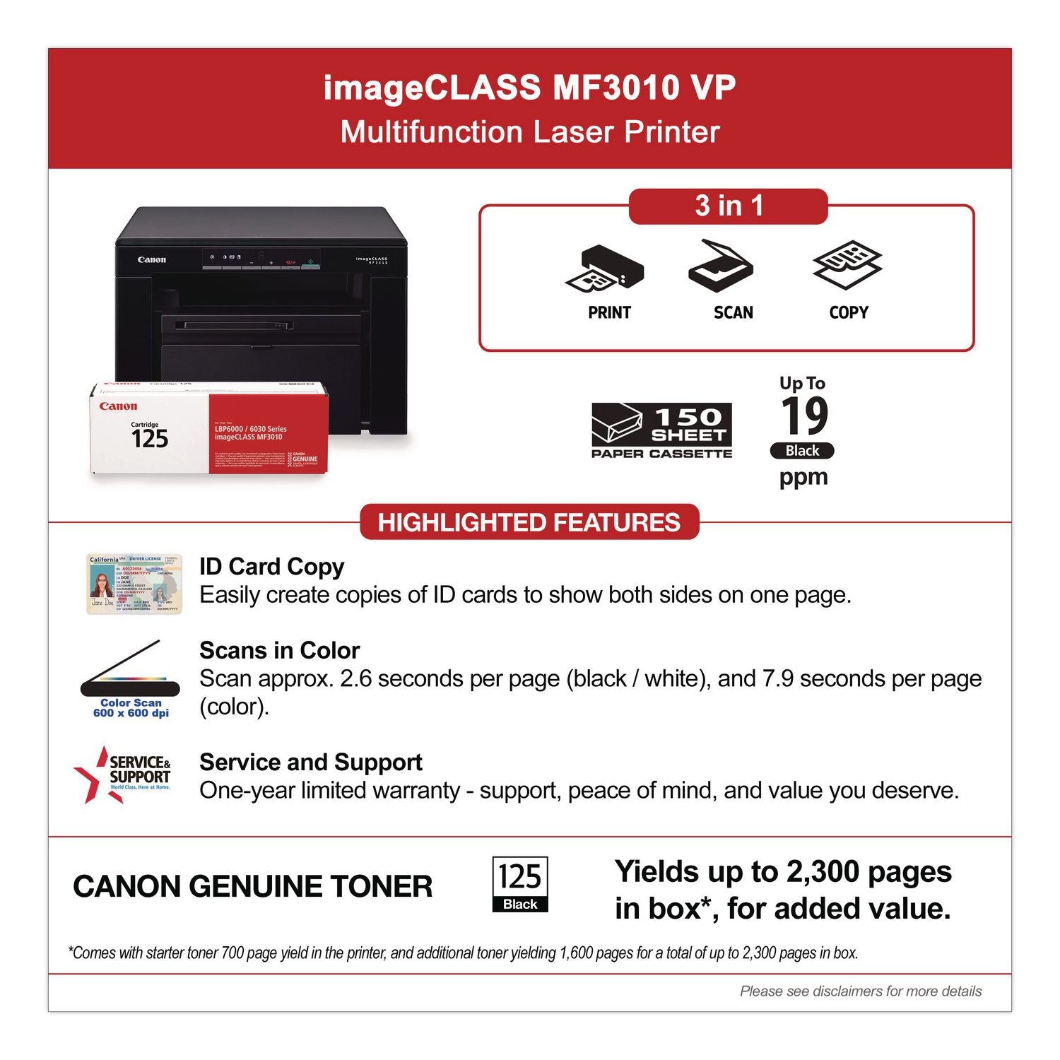 imageCLASS MF3010VP Wireless Multifunction Laser Printer, Copy/Print/Scan