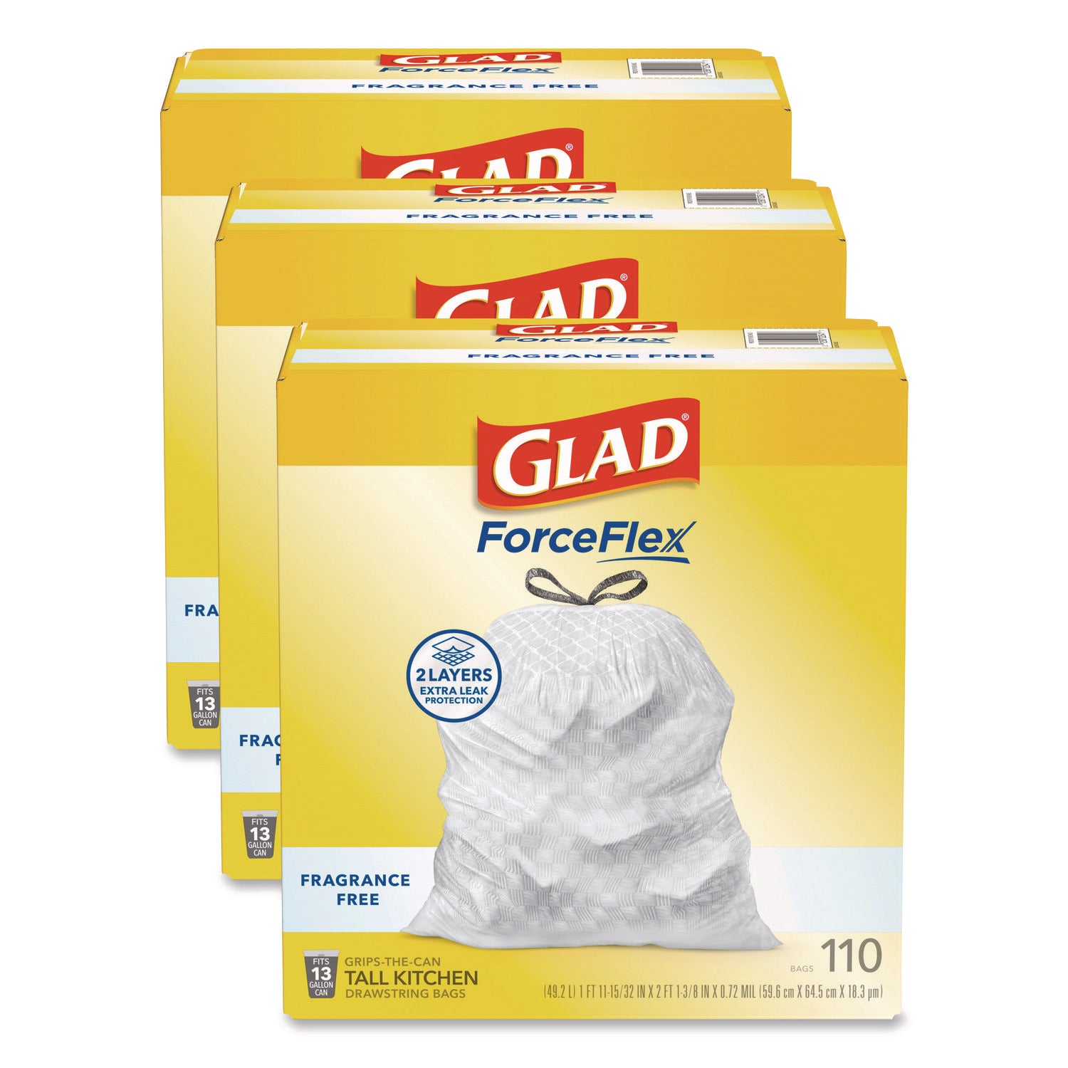 ForceFlex Kitchen Drawstring Trash Bags, Drawstring, 13 gal, Unscented, 23.47 x 25.38, White, 110 Bags/Box, 3 Boxes/Carton