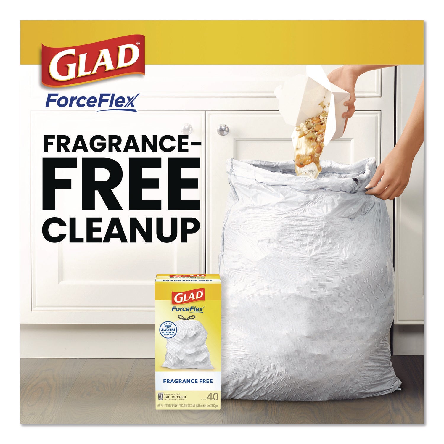 ForceFlex Kitchen Drawstring Trash Bags, Drawstring, 13 gal, Unscented, 23.47 x 25.38, White, 110 Bags/Box, 3 Boxes/Carton