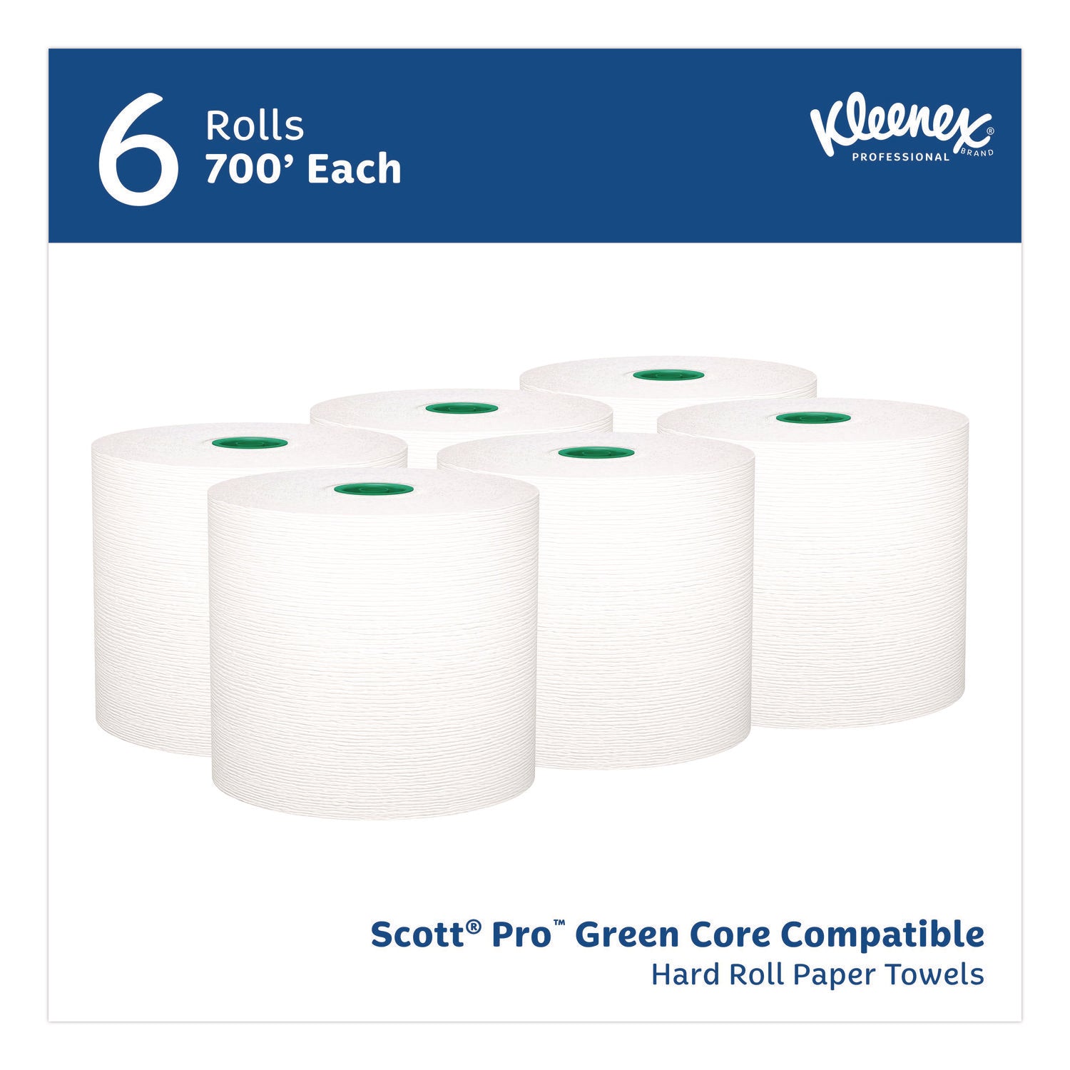 Hard Roll Paper Towels with Premium Absorbency Pockets with Colored Core, Green Core, 1-Ply, 7.5" x 700 ft, White, 6 Rolls/CT