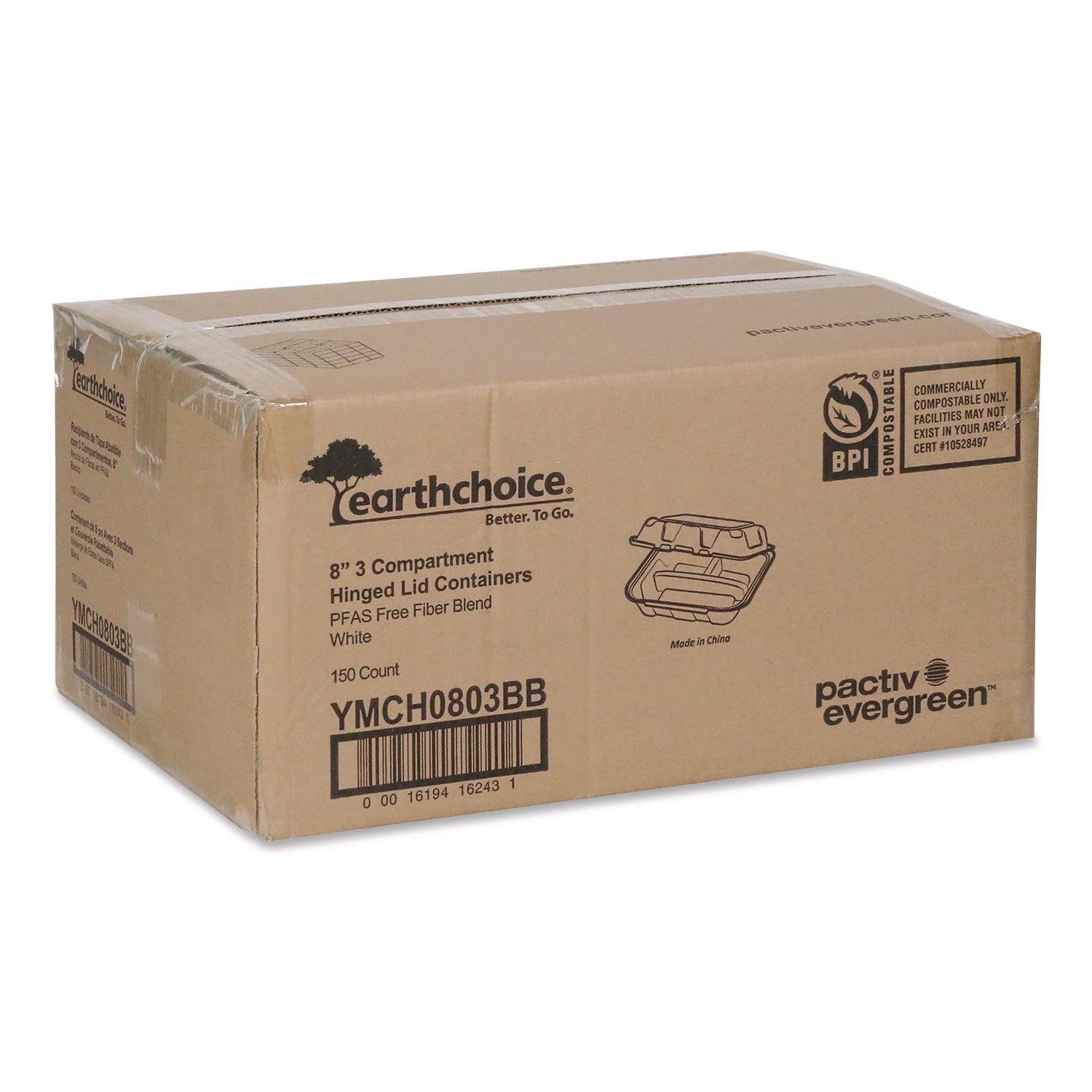 EarthChoice Bagasse Hinged Lid Container, 7.8 x 7.8 x 2.8, White, 150/Carton