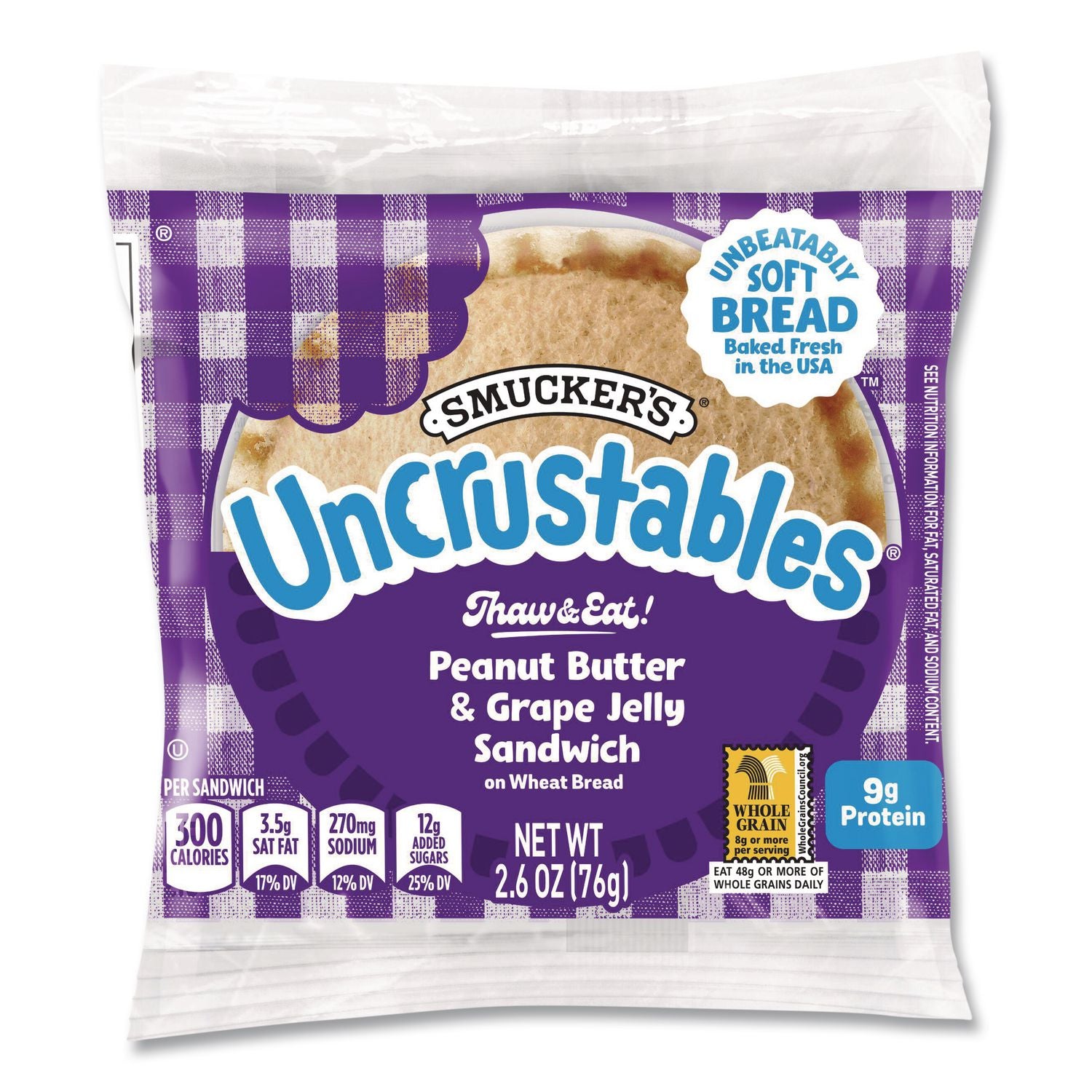 UNCRUSTABLES Soft Bread Sandwiches, Wheat Bread, Peanut Butter and Grape, 2.6 oz Bag, 48/Carton