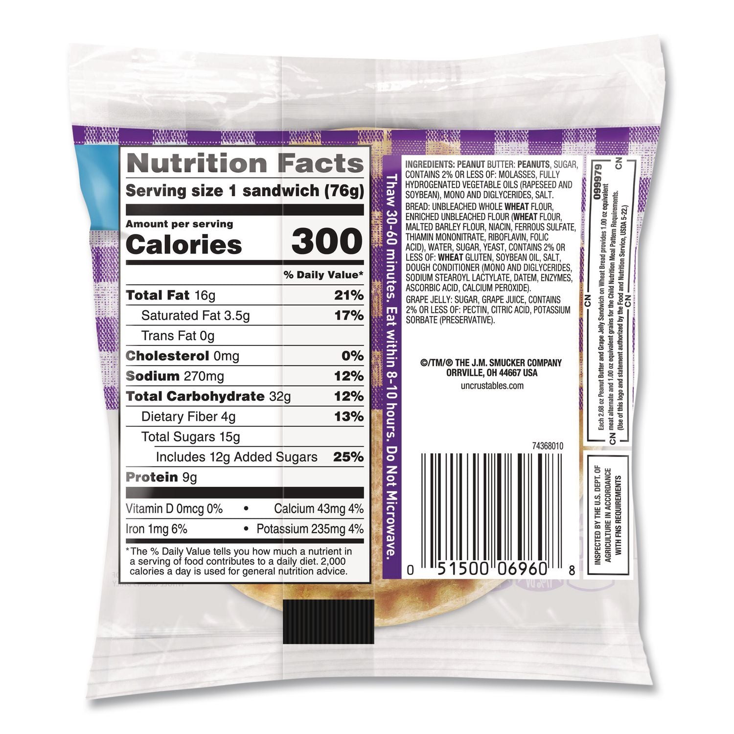 UNCRUSTABLES Soft Bread Sandwiches, Wheat Bread, Peanut Butter and Grape, 2.6 oz Bag, 48/Carton