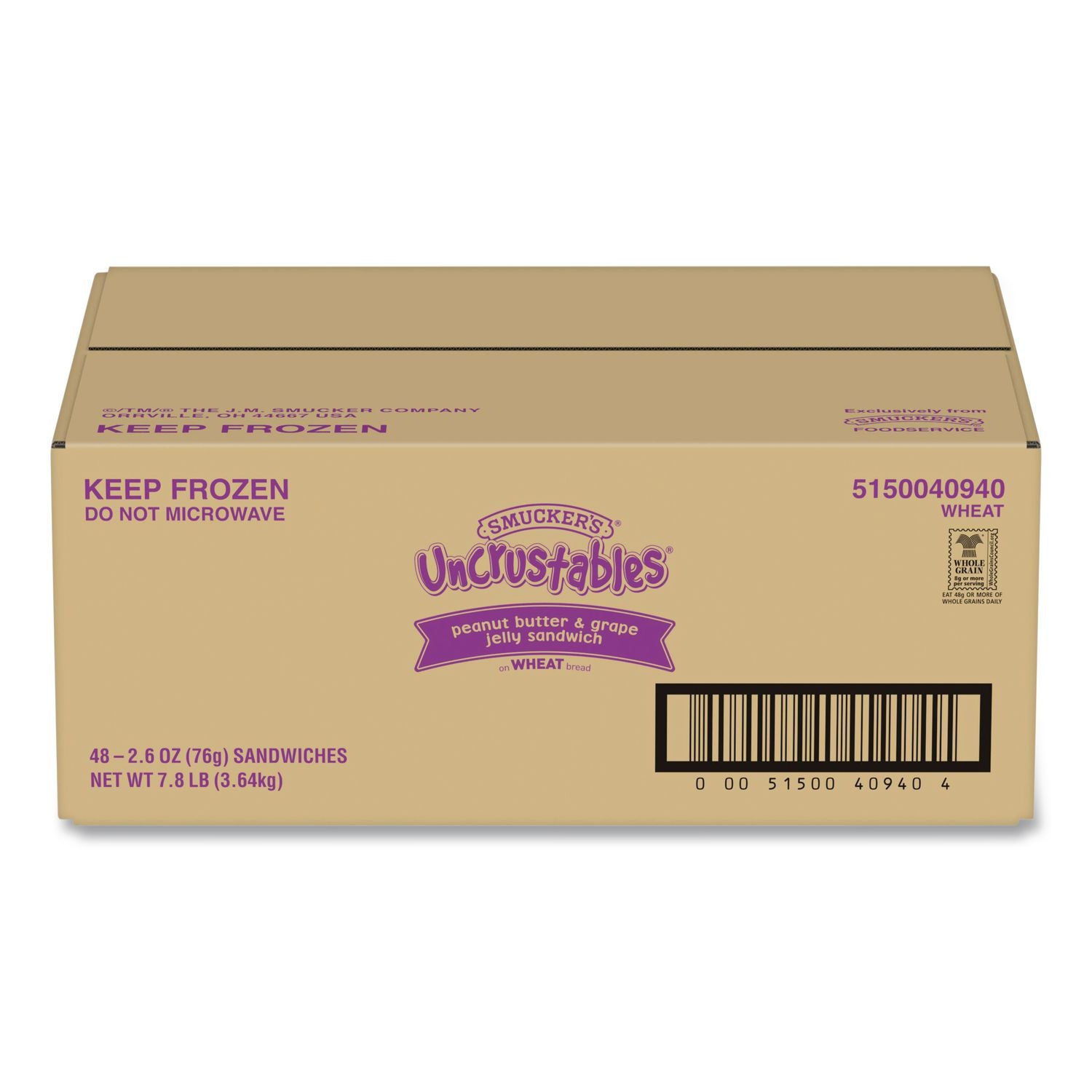 UNCRUSTABLES Soft Bread Sandwiches, Wheat Bread, Peanut Butter and Grape, 2.6 oz Bag, 48/Carton