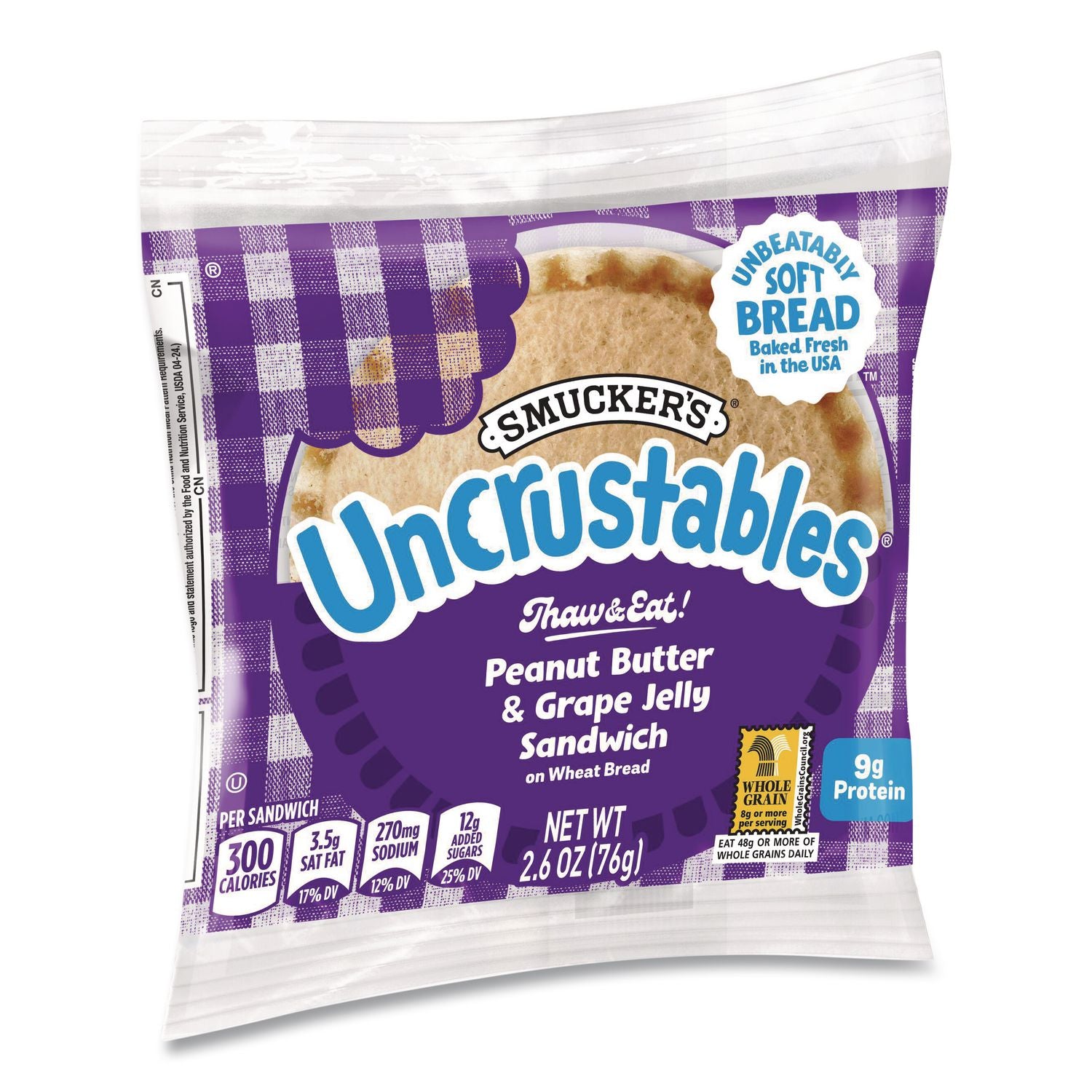 UNCRUSTABLES Soft Bread Sandwiches, Wheat Bread, Peanut Butter and Grape, 2.6 oz Bag, 48/Carton