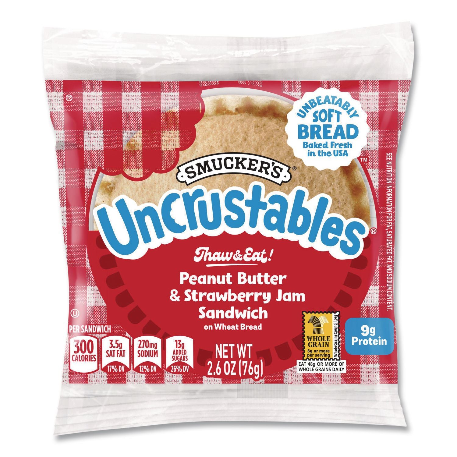 UNCRUSTABLES Soft Bread Sandwiches, Wheat Bread, Peanut Butter and Strawberry, 2.6 oz Bag, 48/Carton