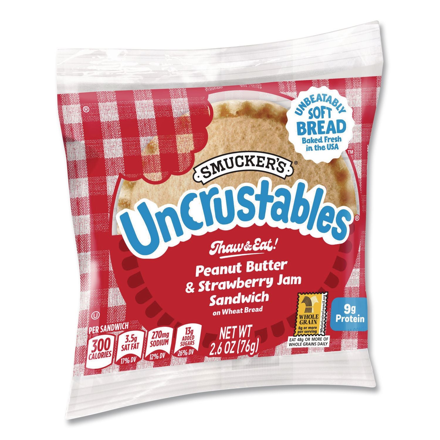 UNCRUSTABLES Soft Bread Sandwiches, Wheat Bread, Peanut Butter and Strawberry, 2.6 oz Bag, 48/Carton